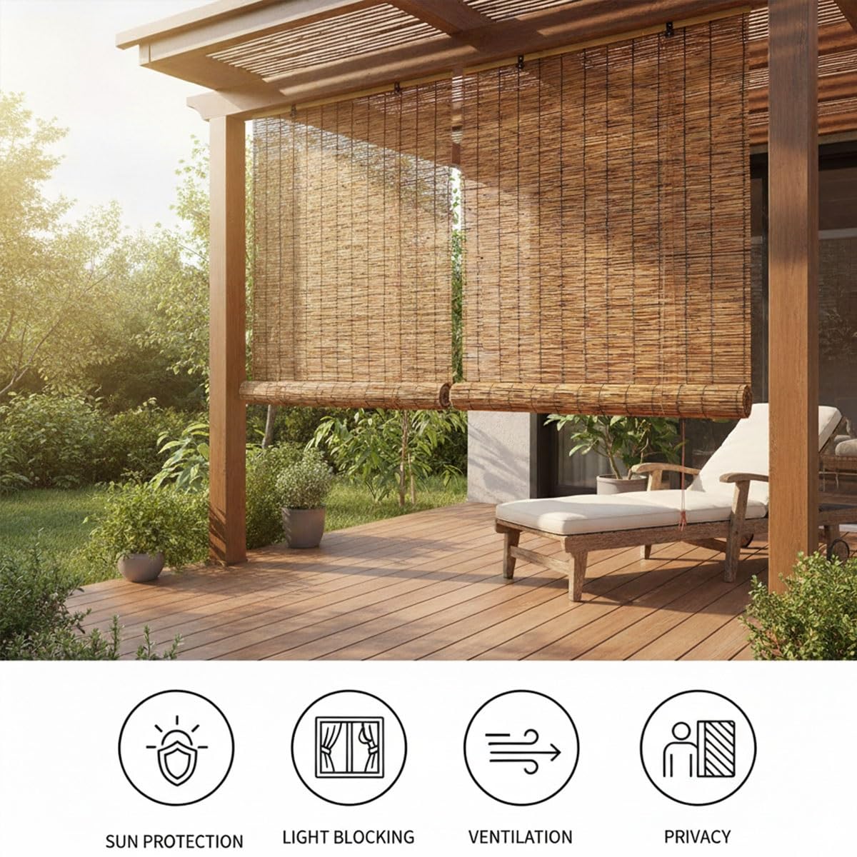 Bambusrollo 160 cm 70 cm 166 cm 90 cm 75 cm 100 cm breit Bambus Rollo Outdoor Balkon Sonnenschutz Sichtschutz ohne Bohren(braune,85W x 240H cm)