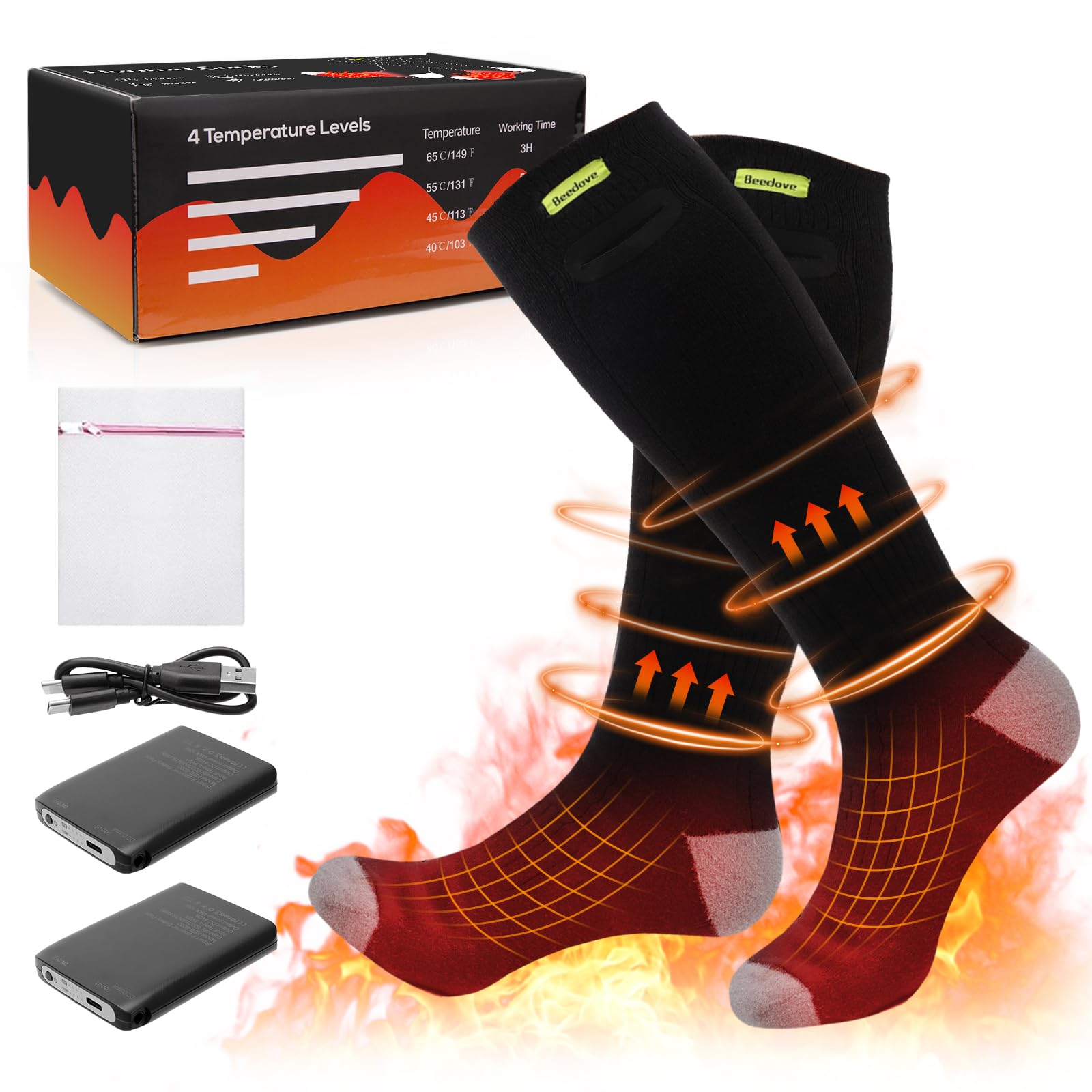 Chaussettes Chauffantes USB 5000mAh – APP, 4 Niveaux, 10h D'autonomie, Pour Ski Et Rando