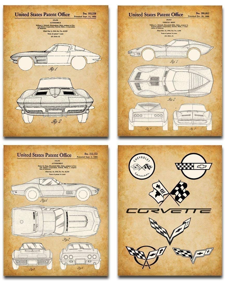 Original Corvette Patent Art Prints - Set of Four Photos (8x10) Unframed - Makes a Great Man Cave Decor and Gift Under $20 for Corvette Owners and Car Enthusiasts