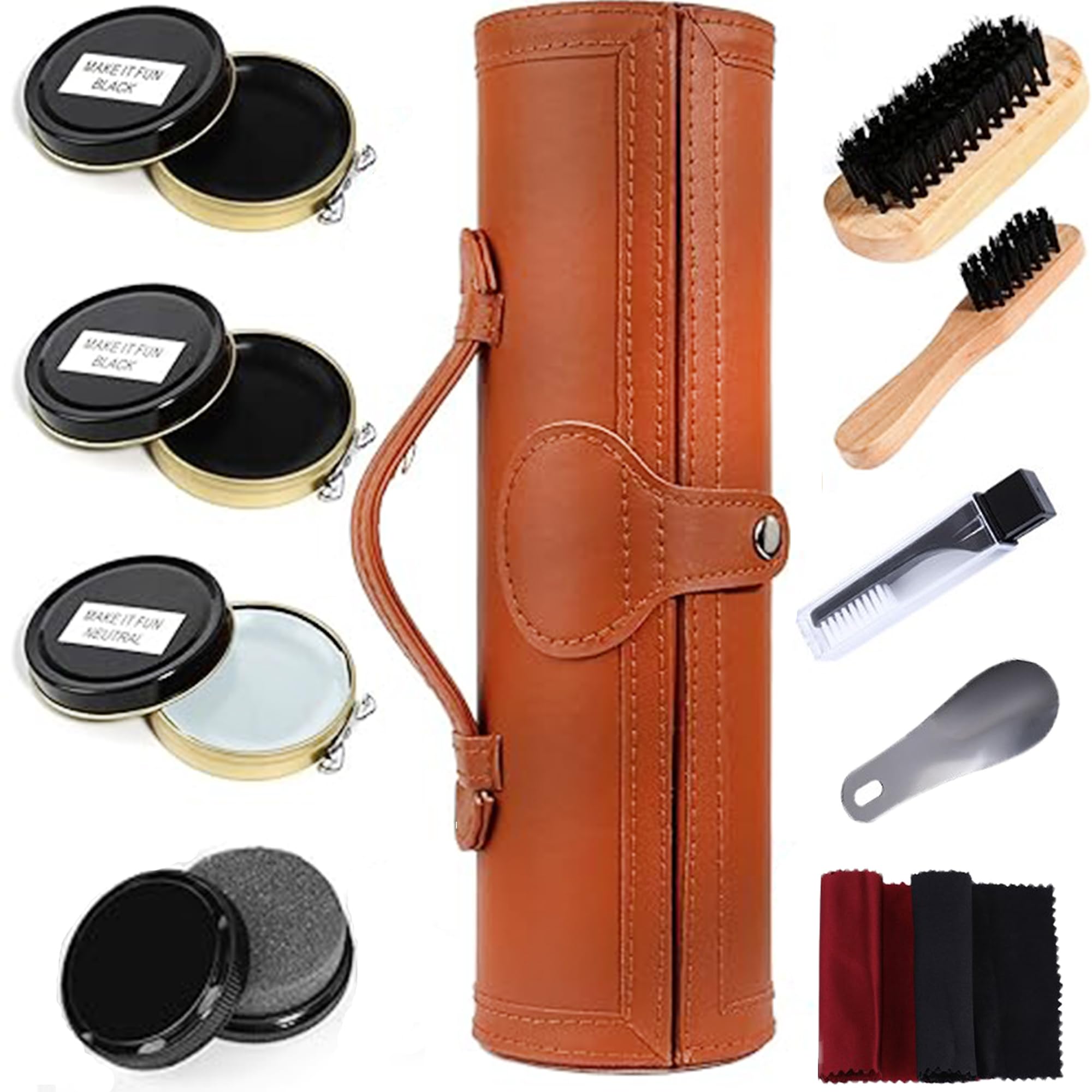Juego De Cuidado De Zapatos, Juego De Cepillo De Zapatos De 11 Piezas, Con Funda De Almohada De Lujo De Cuero Pu, BetúN De Zapatos, Cepillo De Melena De Caballo Suave