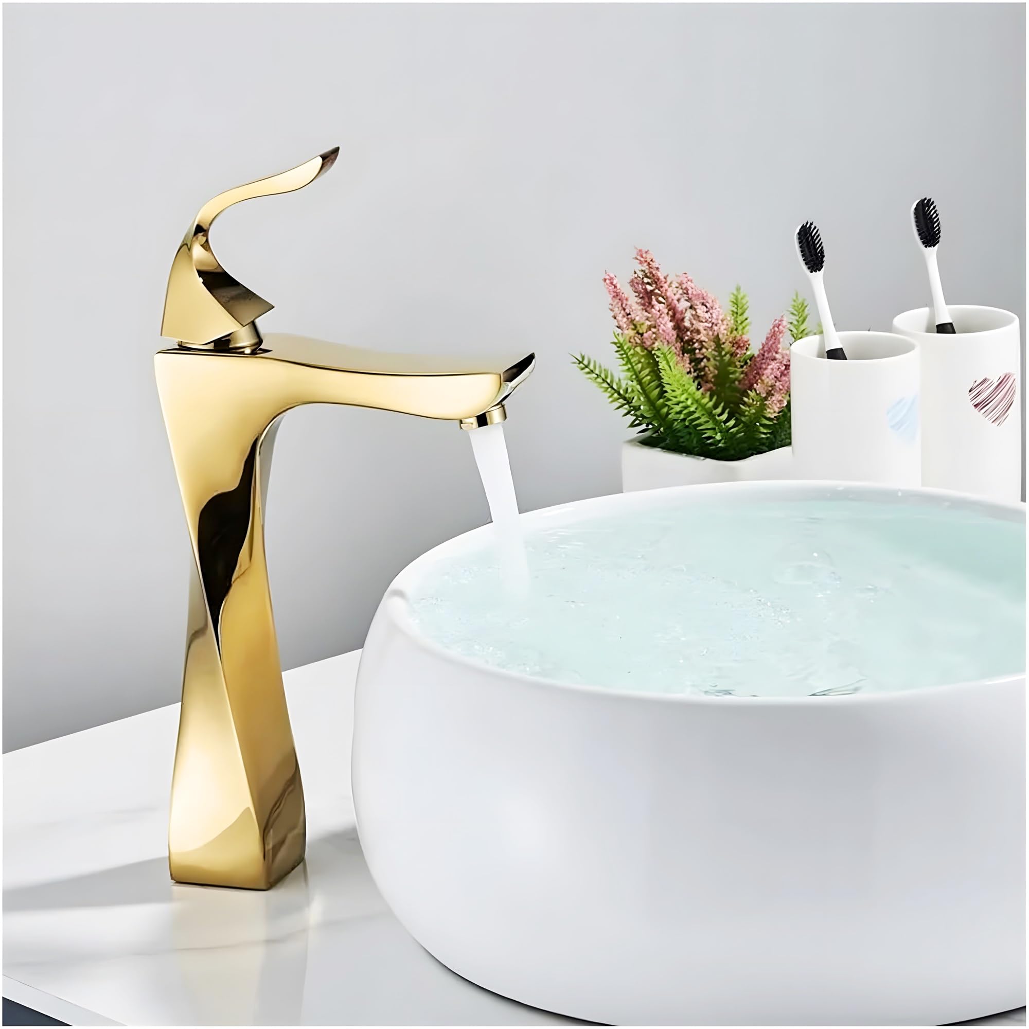AQUAKART Twist Gold Faucet Tap Mixer Hot and Cold Water Heavy Single Lever Basin Mixer 12 inches with Connector Pipes and Ceramic Cartridge for Bathroom Wash Basins - 30cm x 17 cm Golden-image-30