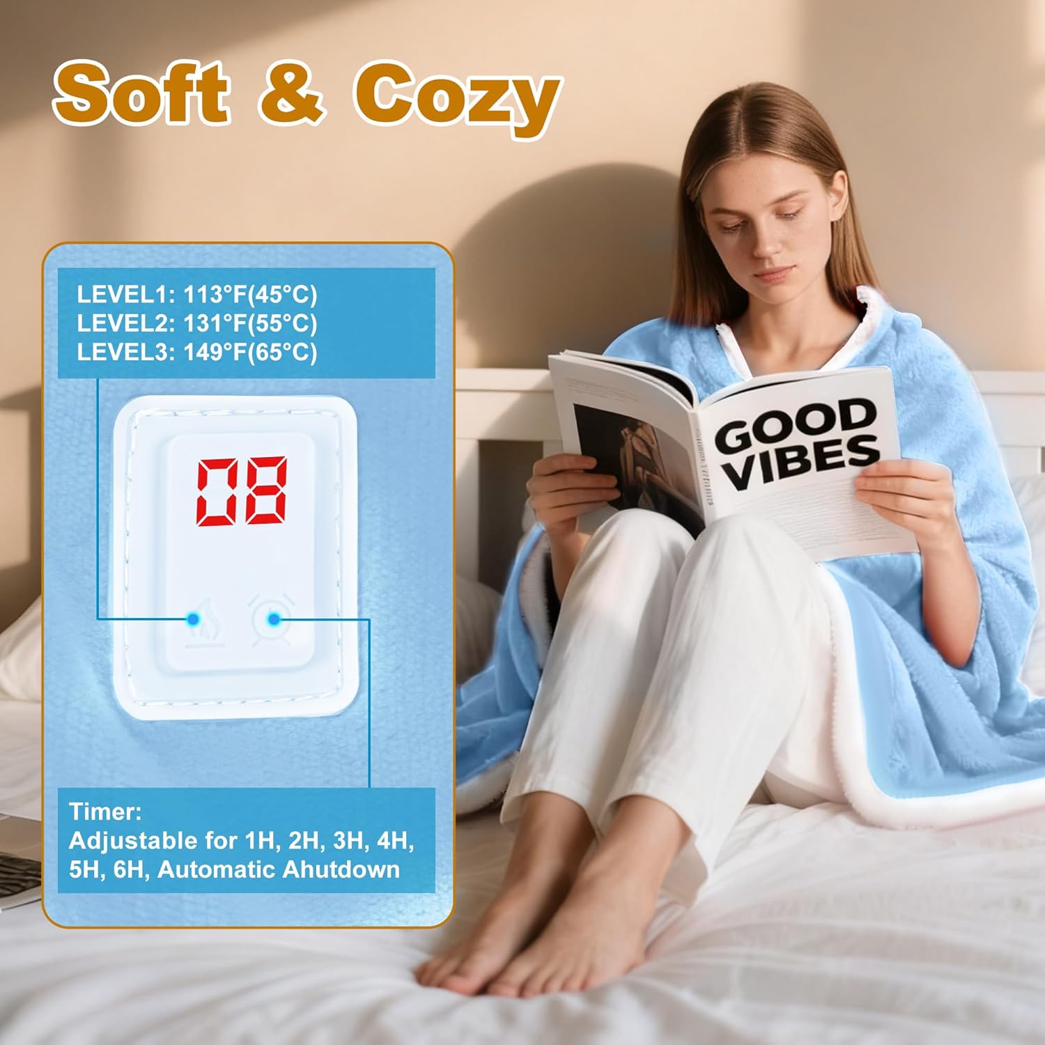 Portable Heated Blanket with 20000mAh 7.4V Power Bank, Large Size 71" × 43", 3 Heat Settings, 11 Quick Heating Zones, 1–6 Hour Timer, Includes Laundry Bag, Waist Belt, and Outdoor Backpack(Blue - Image 3