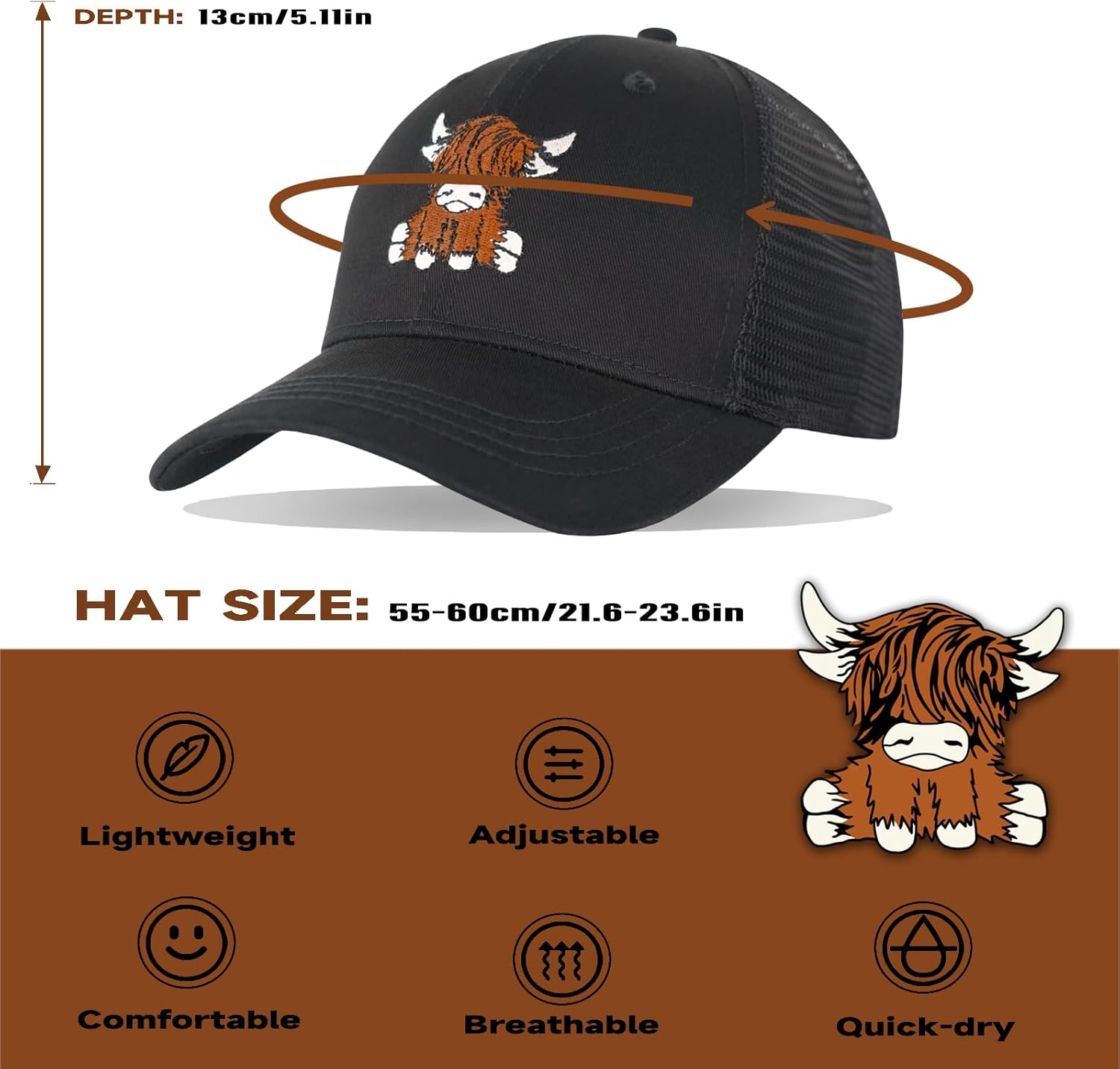 Scottish Highland Cow Hat, Cute Embroidery Mesh Baseball Cap Trucker Hats Highland Cow Gifts for Women Men - Image 4