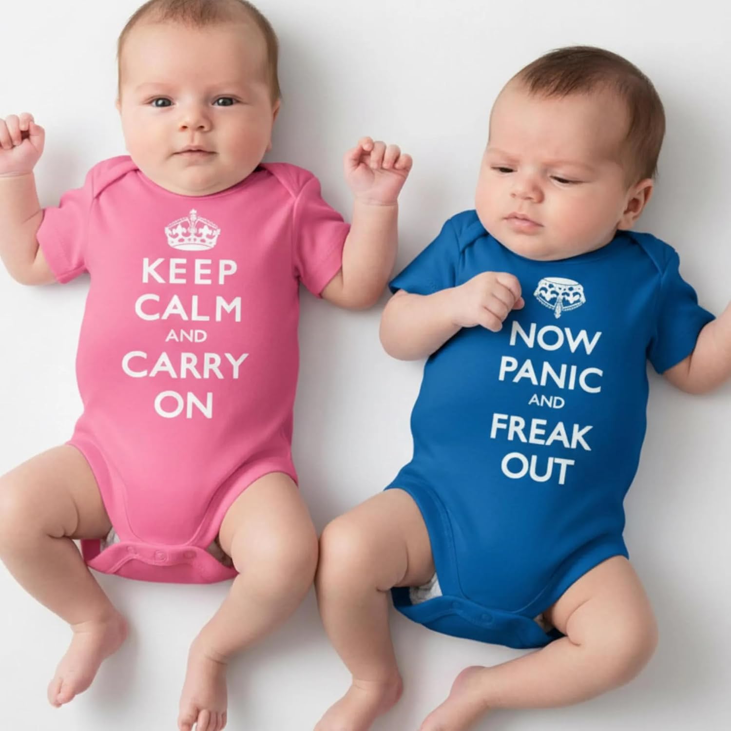 Twin Baby Onesies Set Keep Calm, Carry On 3-6 Months Blue and Hot Pink