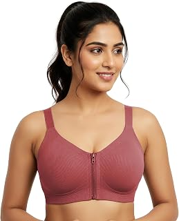 Khwaish Women Seamless Front Lightly Pad Zip Bra – Wireless Full Coverage Ribbed Comfort Bra with Adjustable Straps, Sport... Price In India