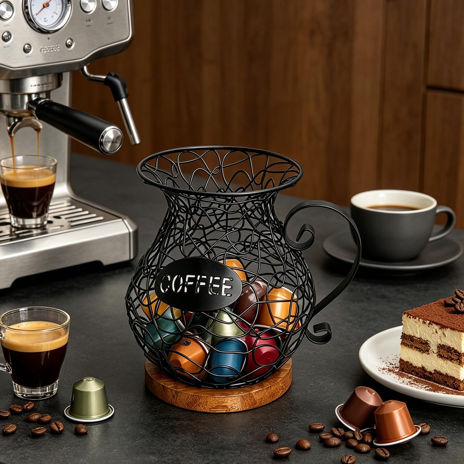 Coffee Pod Holder – Large Storage Organizer for Coffee Capsules, Milk Jug Shape Metal Basket with Wooden Base, Metal Coffee Bar Rack for Kitchen, Office, Home, Cafe, Hotel（Black）