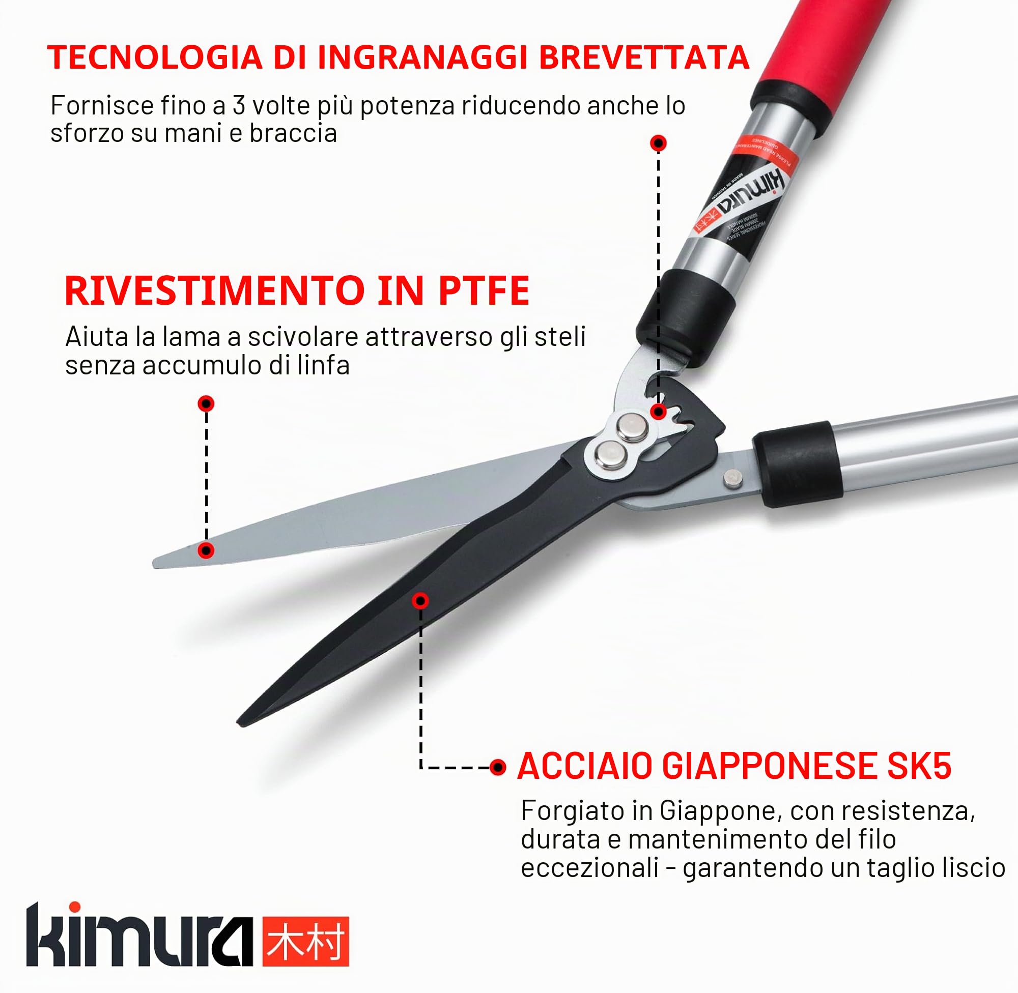 Cesoie da giardino Kimura Pro, cesoie per siepi di alta qualità, manici in alluminio leggero, lame affilate giapponesi SK5, tecnologia brevettata, acciaio antiruggine, giardinaggio - 560 mm