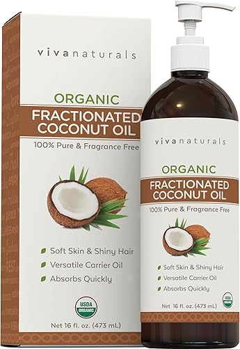 Viva Naturals Aceite de coco fraccionado orgánico, 16 fl oz – Hidratante para piel y cabello, aceite de masaje, aceite portador para aceites