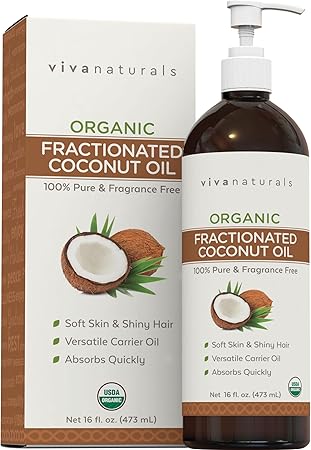 Viva Naturals Organic Fractionated Coconut Oil, 16 fl oz – Skin & Hair Moisturizer, Massage Oil, Carrier Oil for Essential Oils