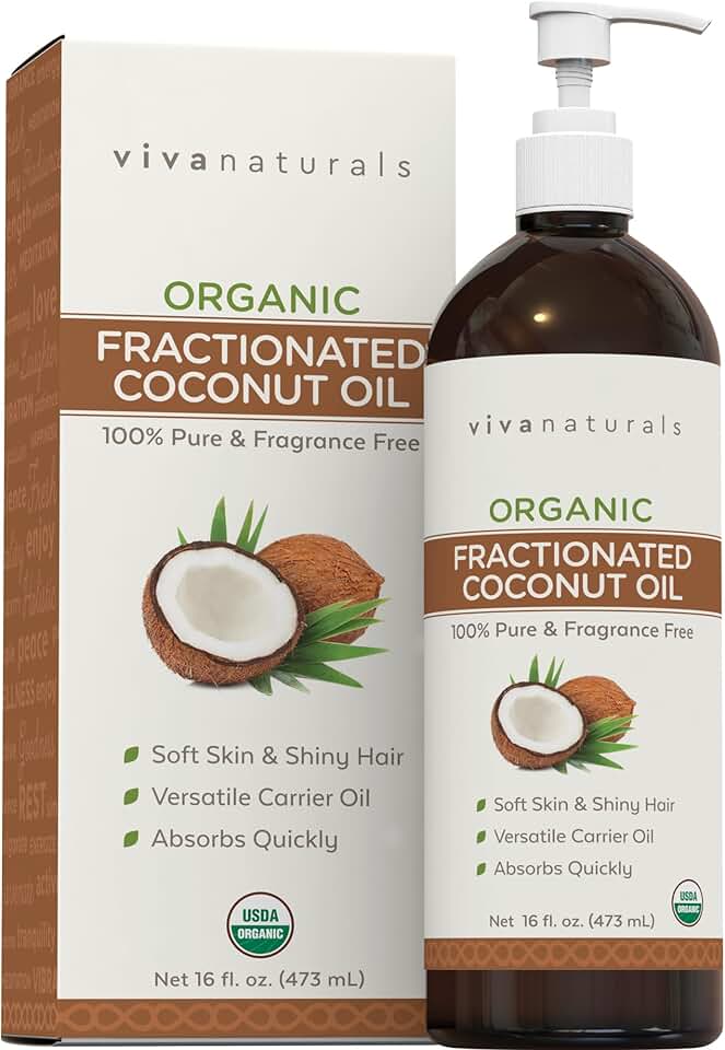 Viva Naturals Organic Fractionated Coconut Oil, 16 fl oz – Skin & Hair Moisturizer, Massage Oil, Carrier Oil for Essential Oils USDA Organic
