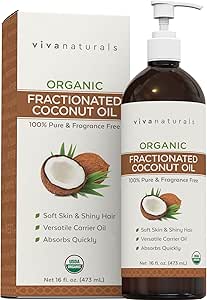 Viva Naturals Organic Fractionated Coconut Oil - Skin &amp; Hair Moisturizer, Relaxing Massage and Body Oil, Carrier Oil for Essential Oils Mixing, Pure Non-Greasy Coconut Oil for Skin and Hair, 16 fl oz