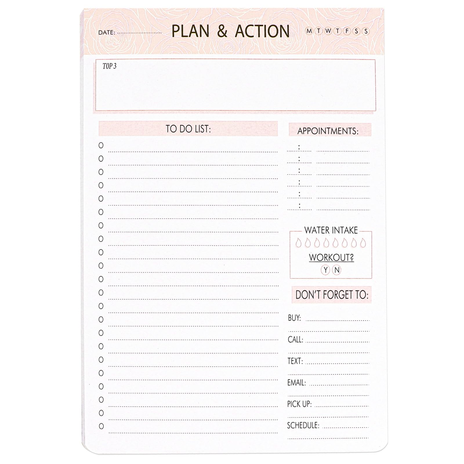 Norbiariz Daily Planner Notepad Tear Off, Undated To Do List Pad with Water Intake Tracker Workout Log Appointment Organizer, Pink Plan & Action Desk Notepad for Home Office Work