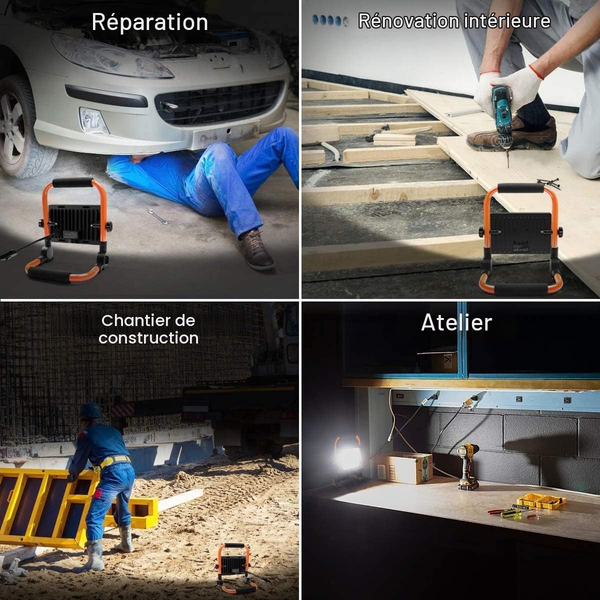 MEIHUA Projecteur de Chantier LED 60W 5200LM Étanche IP66 Lumière Blanche 6500K Éclairage de Chantier avec Prise et Cordon de 3.5M Rotation à 360° Lampe de Travail Portable