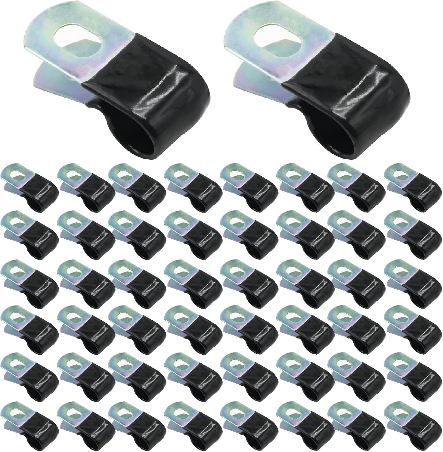 50 Pack 3/8 Inch Vinyl Coated Cable Clamps, 10mm Galvanized Steel Cable Metal Wire Rubber Cushioned Insulated Hose Pipe Clamp, Replace for Tube Lines Wire Cord