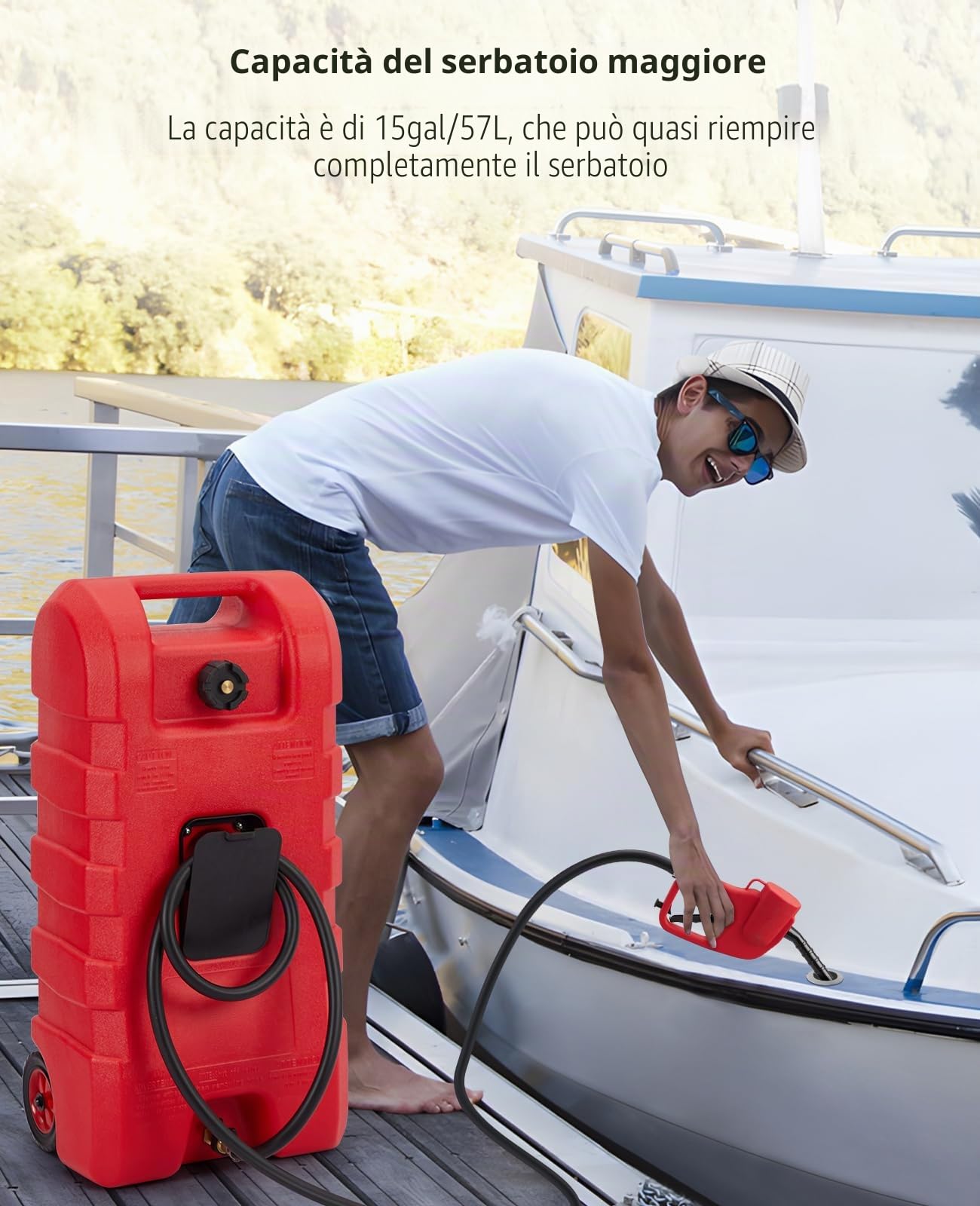 Serbatoio carburante portatile 57L con pompa a sifone manuale – tubo da 3 m e ugello per benzina/diesel, portata 7,5 l/min – Robusto serbatoio con valvola di chiusura e trasferimento rapido (rosso)