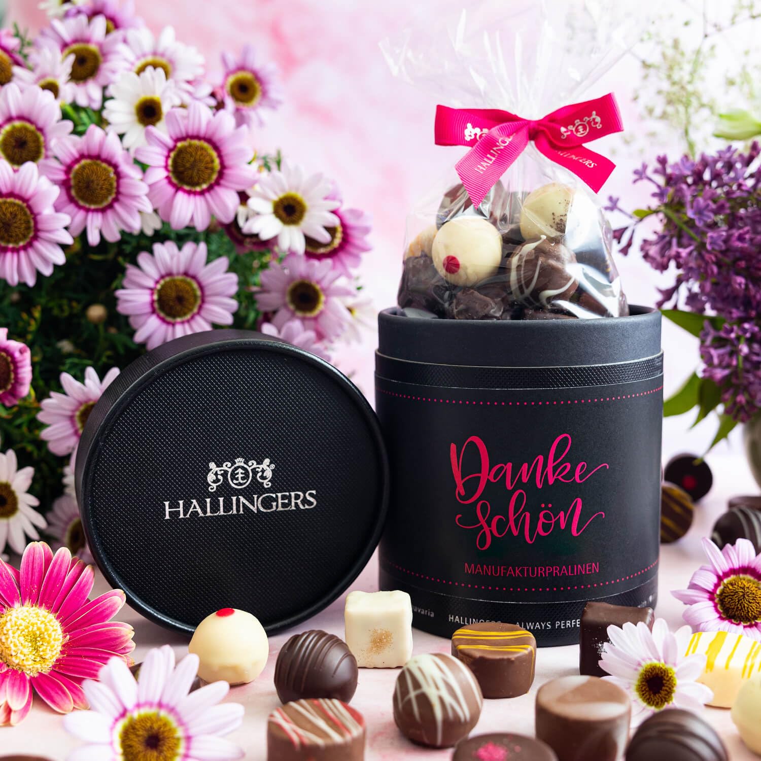 Hallingers Genuss Manufaktur Pralinen Dankeschön-Geschenk - ohne Alkohol, handmade aus Confiserie-Edelkakao in wertiger XXL-Geschenkdose "Dankeschön", Geschenkidee für Frauen Männer