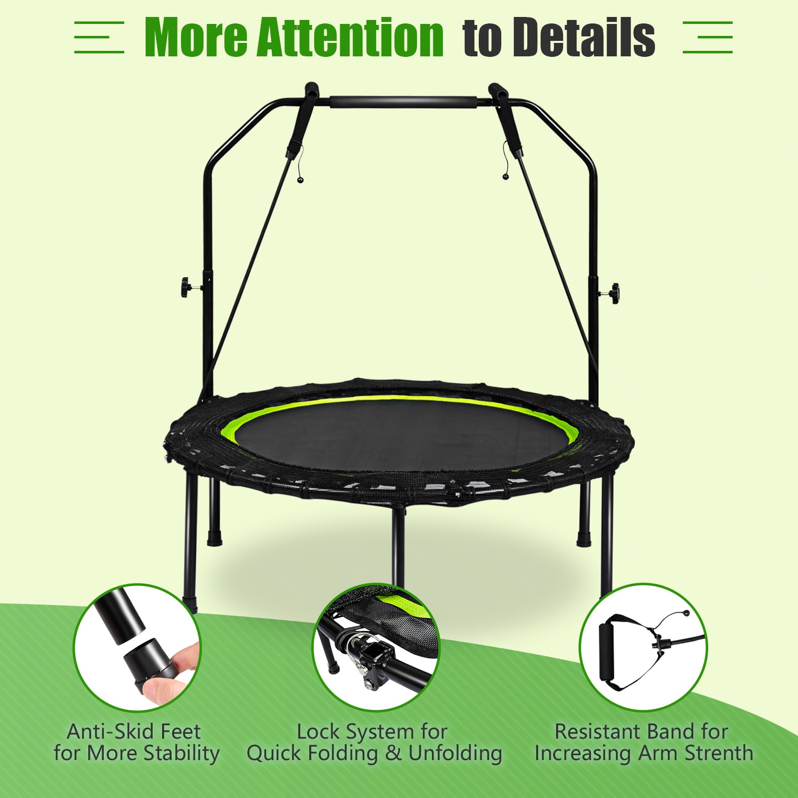 KOMFOTTEU Trampolino Fitness Ø101 cm con Carico di 150 kg, Trampolino Elastico con 2 Fasce di Resistenza e Manico Regolabile in 4 Livelli, Mini Trampolino di Rimbalzo Pieghevole per Adulti e Bambini