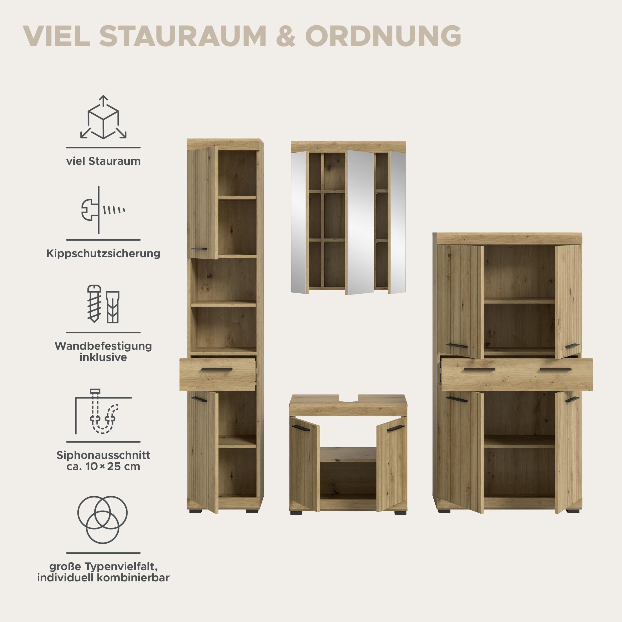 xonox.home – 4 TLG. Badkombination Scout 201x191x34 cm in Artisan & Schwarz – Set aus Hochschrank – Bild 9