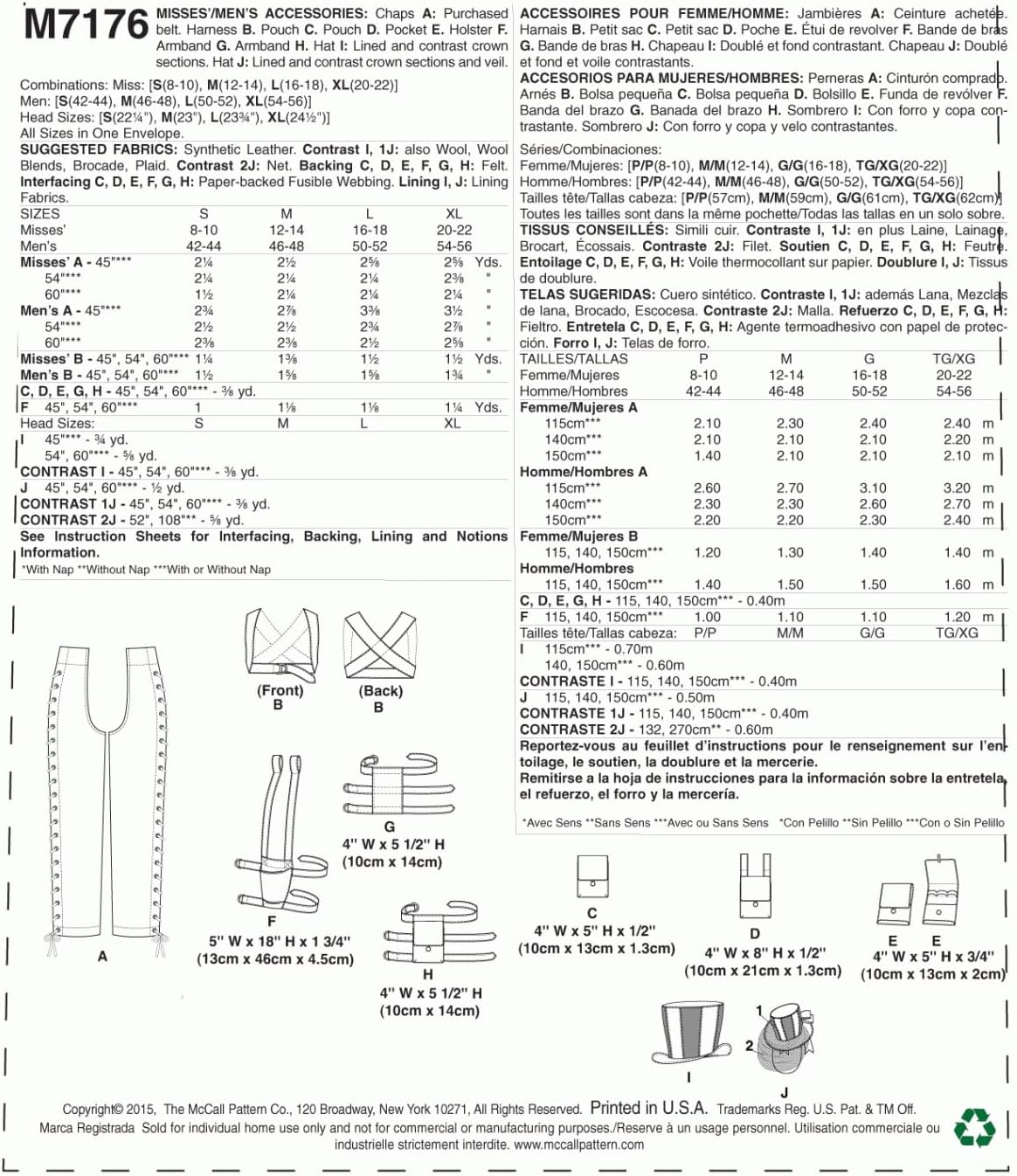 McCall's Patterns M7176 Chaps, Harness, Pouches, Holster, Armbands and Hats Sewing Template