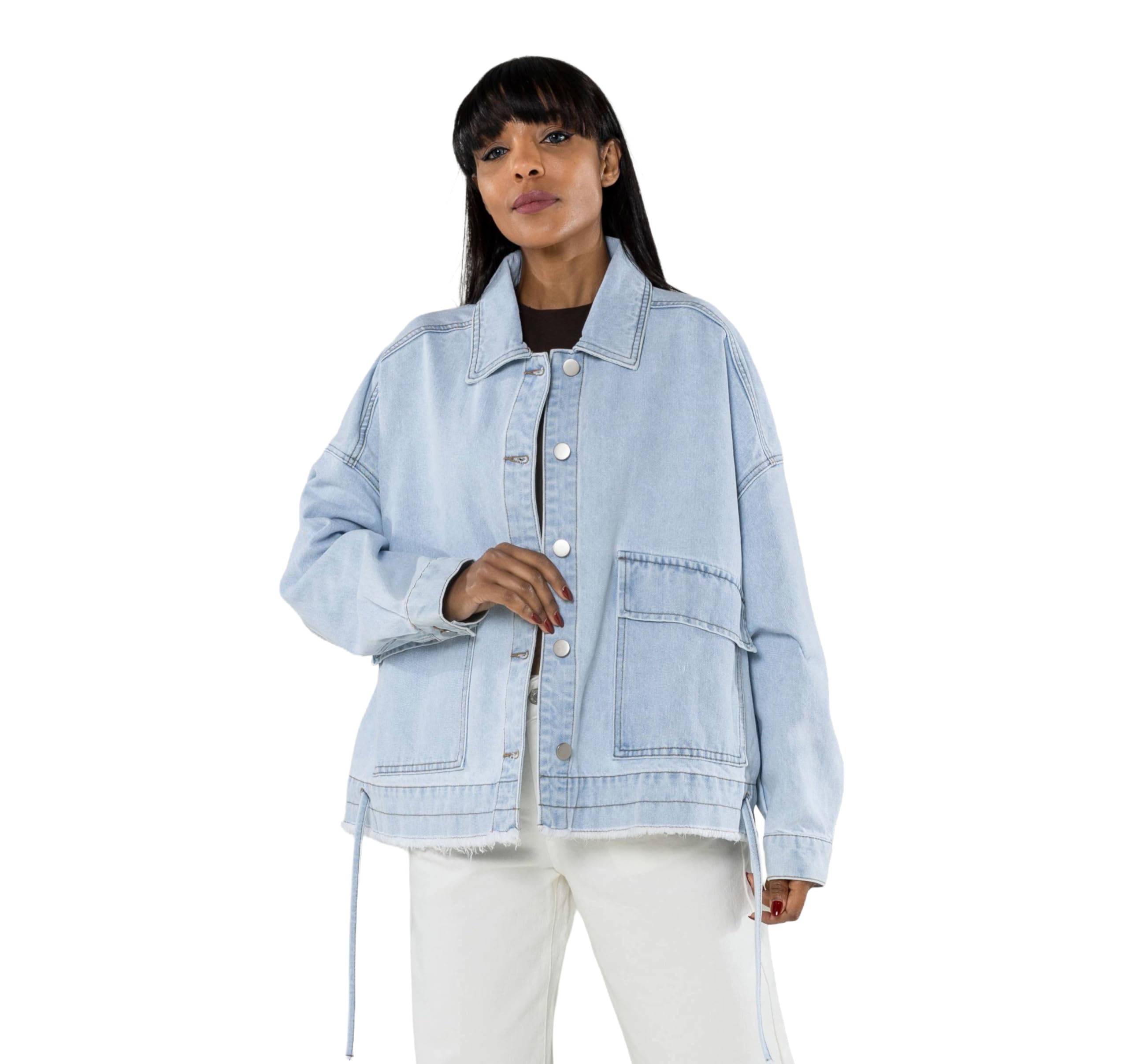 Nina Carter Chaqueta vaquera de gran tamaño para mujer, chaqueta vaquera suelta con botones y bolsillo grande, chaqueta informal de entretiempo para primavera y otoño