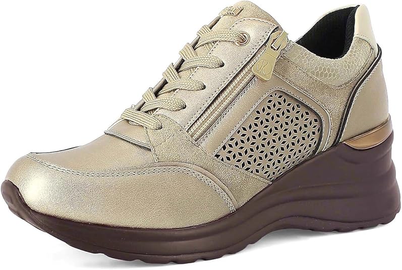 Sneakers Donna con Lacci e Cerniera, Traforo Fiorato Laterale e Tacco 6cm