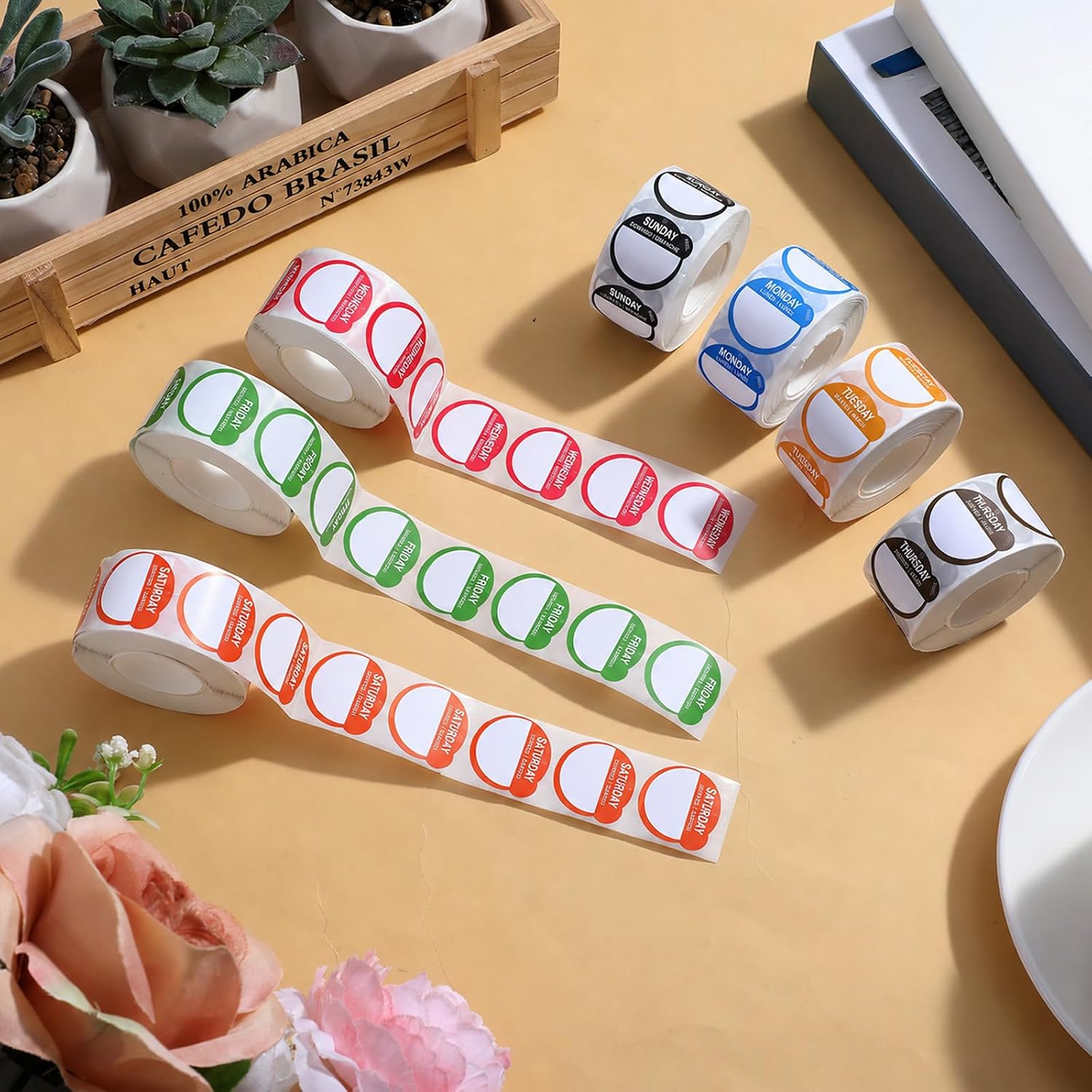 14 Roll 7000 Pcs Day of The Week Labels Food Labels Monday Through Sunday Management Inventory Stickers Removable Weekly Self Adhesive Date Dot Stickers for Restaurant Kitchen Containers Dispenser image 3