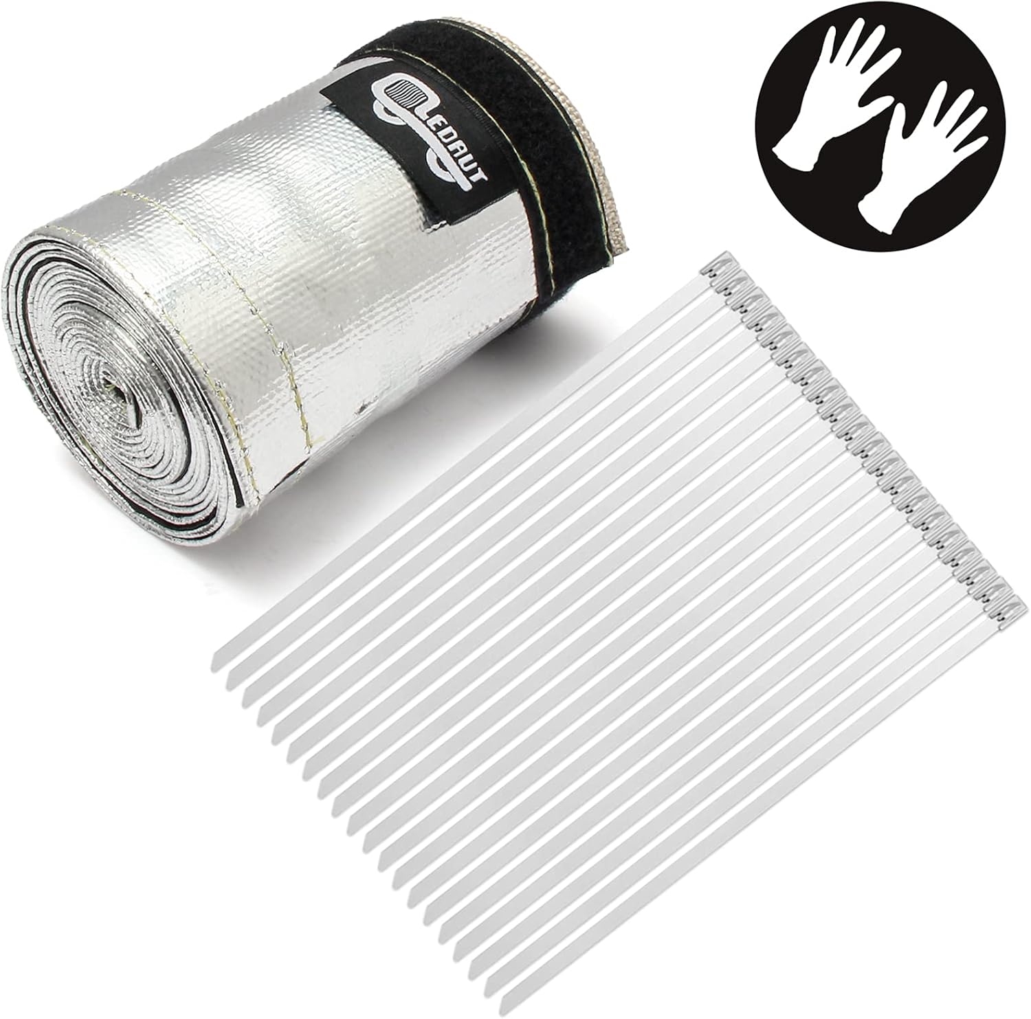 Heat Shroud Sleeve Aluminized 2 Pcs for Ultimate Heat Protection Hose Wire Shield 1-1/4''I.D. x 10FT, with 20 Pcs 7.8Inch Stainless Steel Cable Metal Zip Ties
