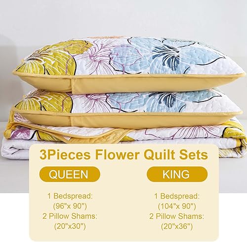 Miniatura 132 de DJY Juego de edredón de 3 piezas, tamaño Queen, con patrón floral amarillo, elegante colcha bohemia con 2 fundas de almohada, juego de ropa de cama