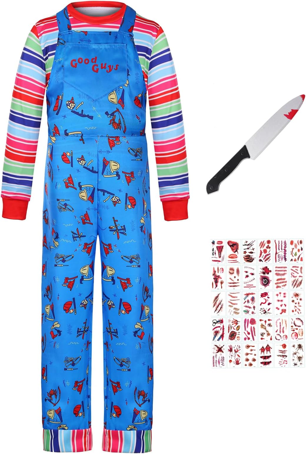 DIYLN Kids Scary Movie Nightmare Doll Killer Cosplay Halloween Costumes Blue Cartoon Jumpsuit Striped Shirt with Accessories