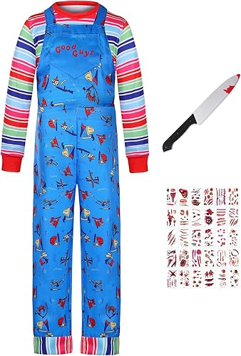 Disfraz de Halloween Chuckyy para niños, diseño de película de miedo, pesadilla, cosplay, overol azul, camisa a rayas con accesorios