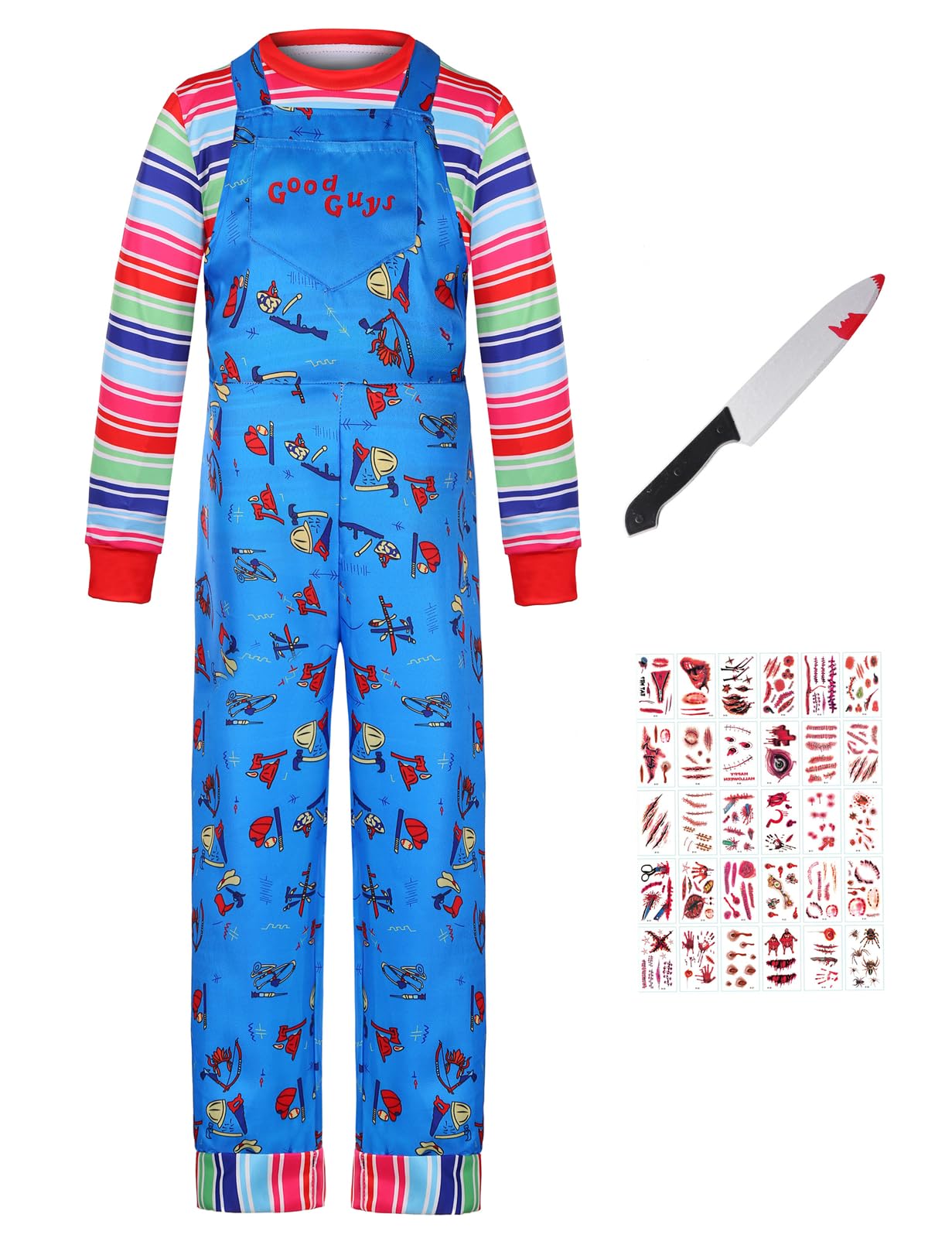 DIYLN Kids Scary Movie Nightmare Doll Killer Cosplay Halloween Costumes Blue Cartoon Jumpsuit Striped Shirt with Accessories