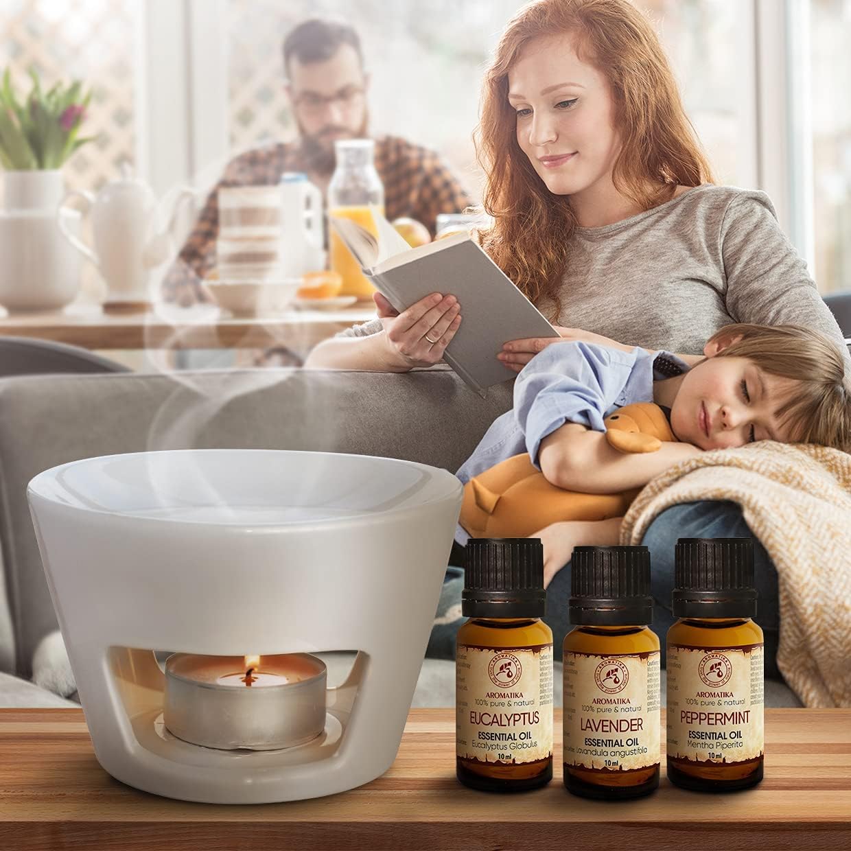 Aromatherapy Set - Oil Burner White & Essential Oils Set 3*10ml - Peppermint Essential Oil - Lavender Essential Oil - Eucalyptus Essential Oil - Ceramic Oil Burner - for Aromatherapy - 3 Candles Free