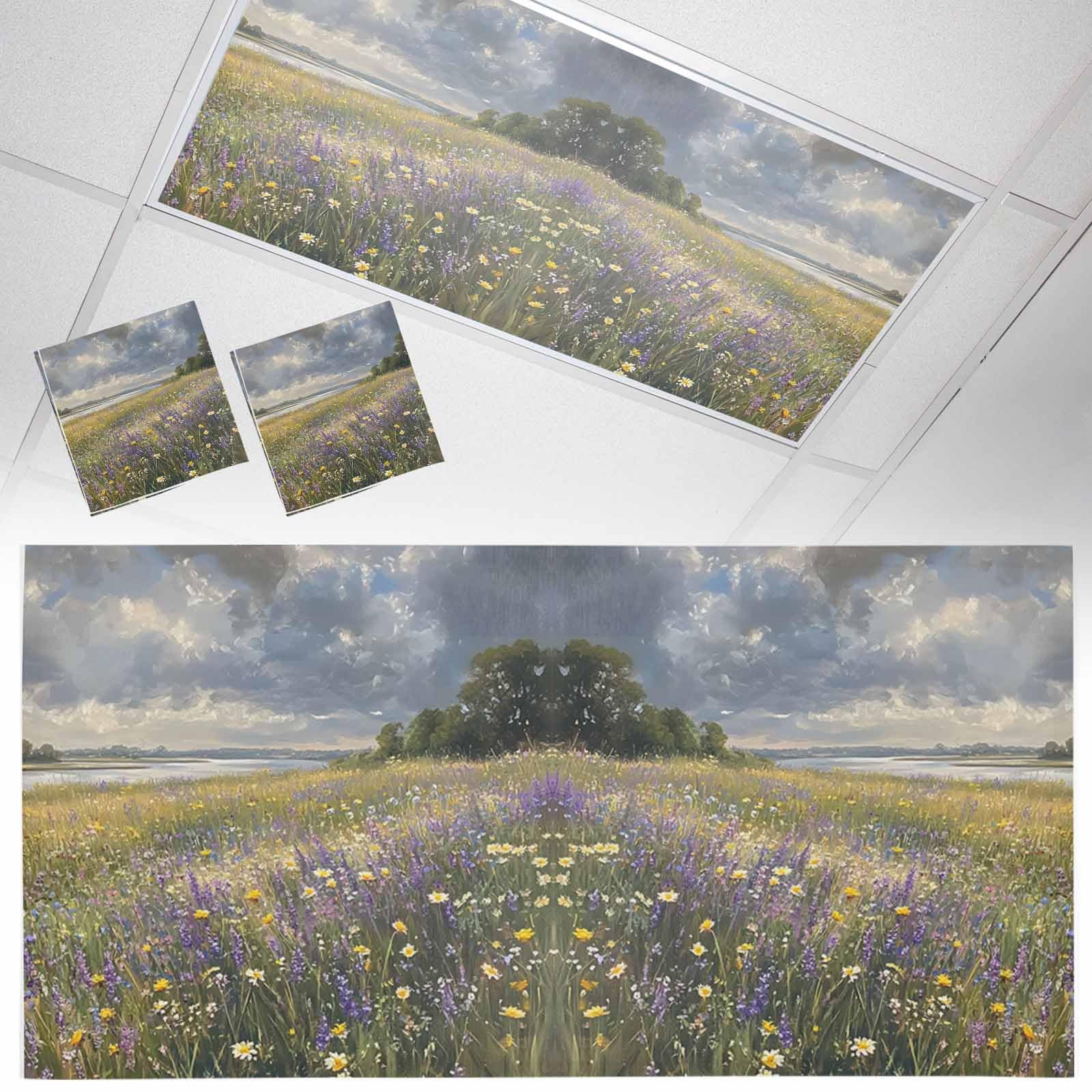 Wowouhiya 2 Pack Fluorescent Light Cover for Ceiling Lights, Spring Floral Magnetic Classroom Light Filters 4x2 Feet, Pastoral Botanical Oil Painting Flower Decorative Ceiling Shade Panel for Office