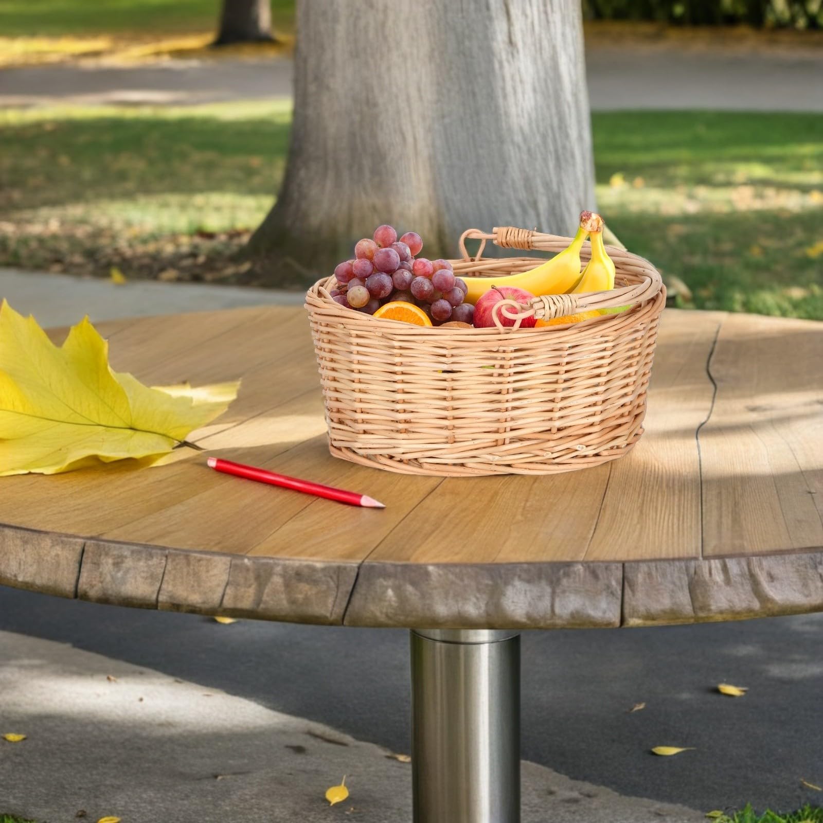 Mimbre Cesta de Picnic Marrón con Asa, 2 Piezas, Ovalada