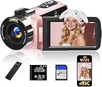 Gtonster 4K 56MP WiFi Camcorder with IR Night Vision, 18X Zoom, 3" Touchscreen - Vlogging YouTube Camera, Pink w/64GB Card & Remote