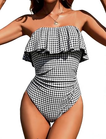 Zilcremo Women Ruffle One Piece Swimsuit Tummy Control Bathing Suit Bandeau Slimming Modest Swimwear
