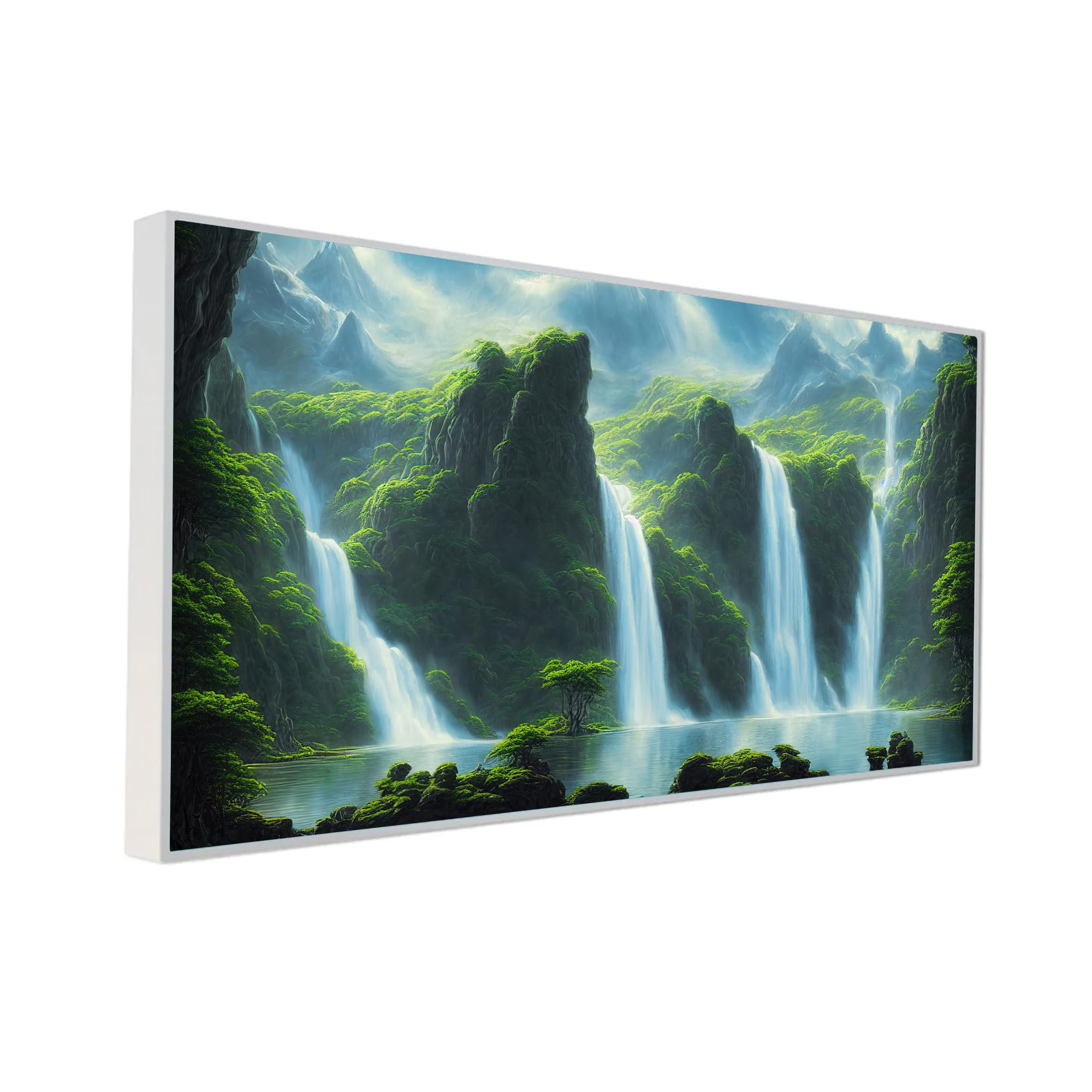 DEKORSTATION Large Forest Waterfall Nature Landscape Scenery Floating Frame Canvas Wall Painting|Beautiful Wall Paintings for Living Room, Bedroom, Office, Hotels | 18x36 inch Canvas Painting 1