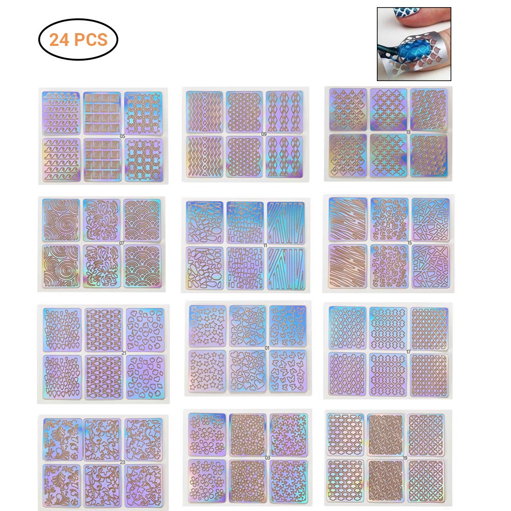 24 Sheet 144Pcs Nail Stickers: DIY Nail Art Stamping Template, 72 Designs, Irregular Grid - Image 2