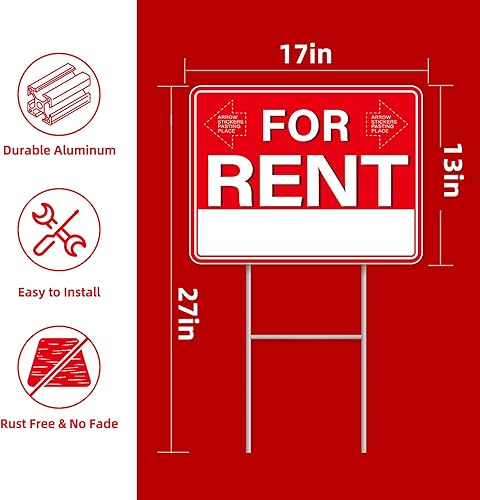 Miniatura 3 de Letreros de alquiler con estacas, 1 letrero de doble cara de 17 x 13 pulgadas, estaca de metal en H, letreros de patio con calcomanías de flecha,
