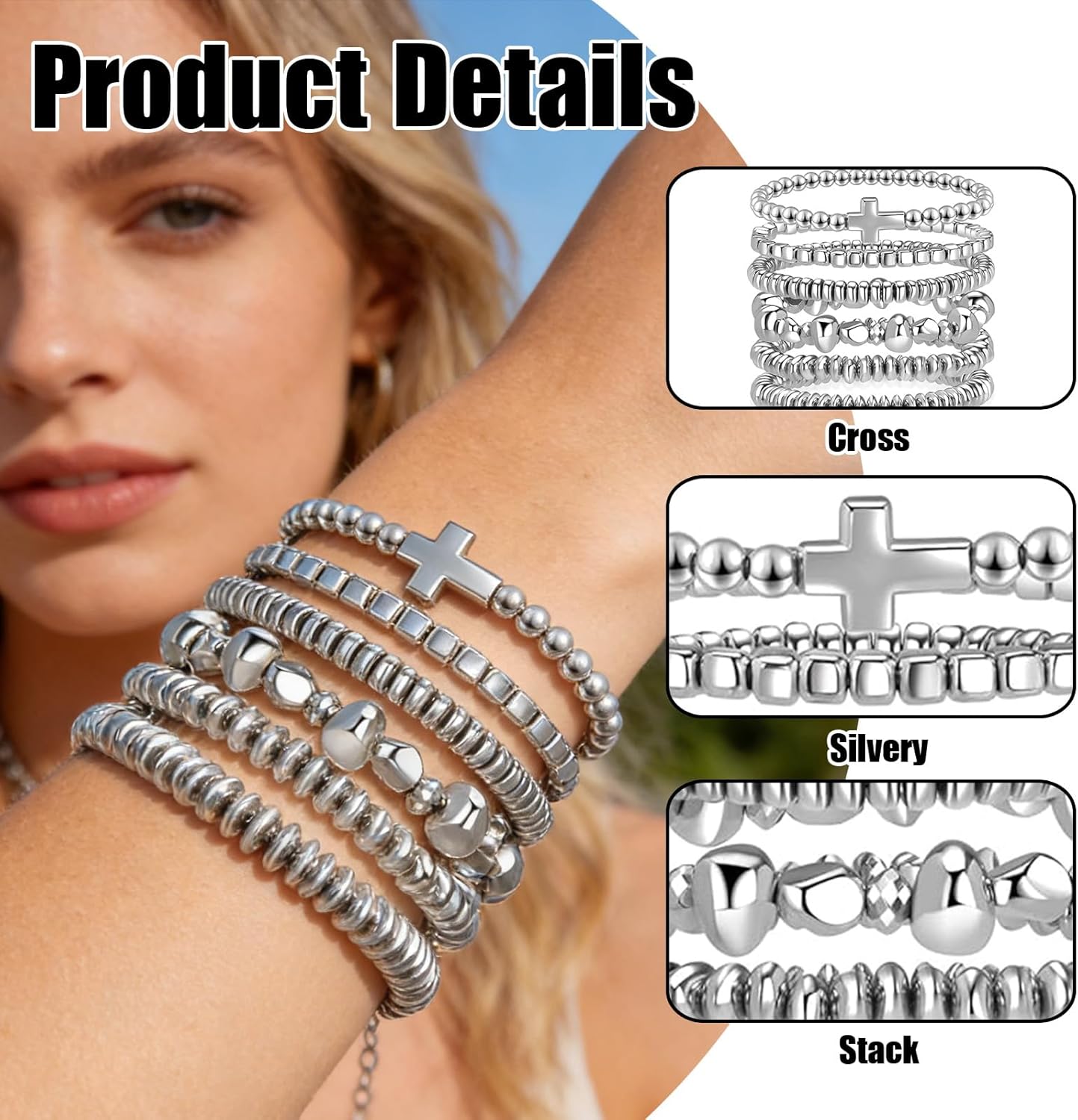Silver Stackable Stretch Cross Bracelets for Women, Trendy Dainty Paperclip Layered Chunky Boho Bracelet Preppy Aesthetic Jewelry Gifts - Image 3