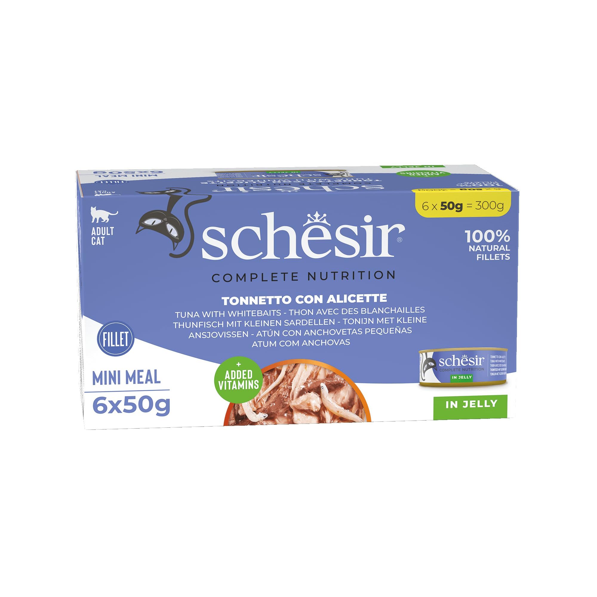 Schesir, Atún con Anchoas En Gelatina, Alimento Húmedo Complementario para Gatos, con Vitaminas Añadidas, 100% Natural, Cruelty-Free, 6 X 50g