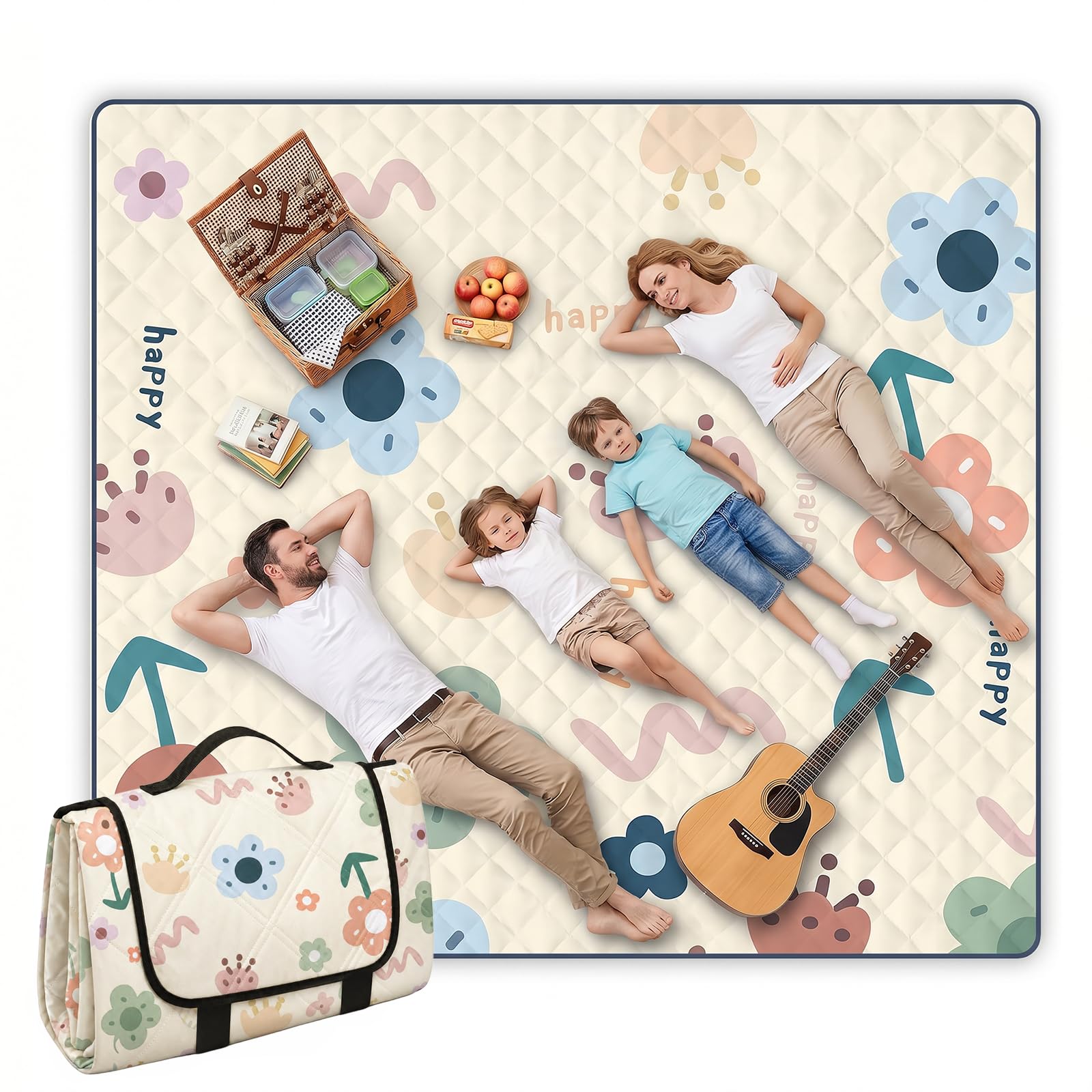200 x 200 cm Couverture de Pique-Nique, Tapis de Pique-Nique Tapis de Camping Imperméable et Résistant au Sable, Tapis de Pique-Nique Lavable et léger, pour Camping Randonnée Parc Plage, HAPPY Fleur