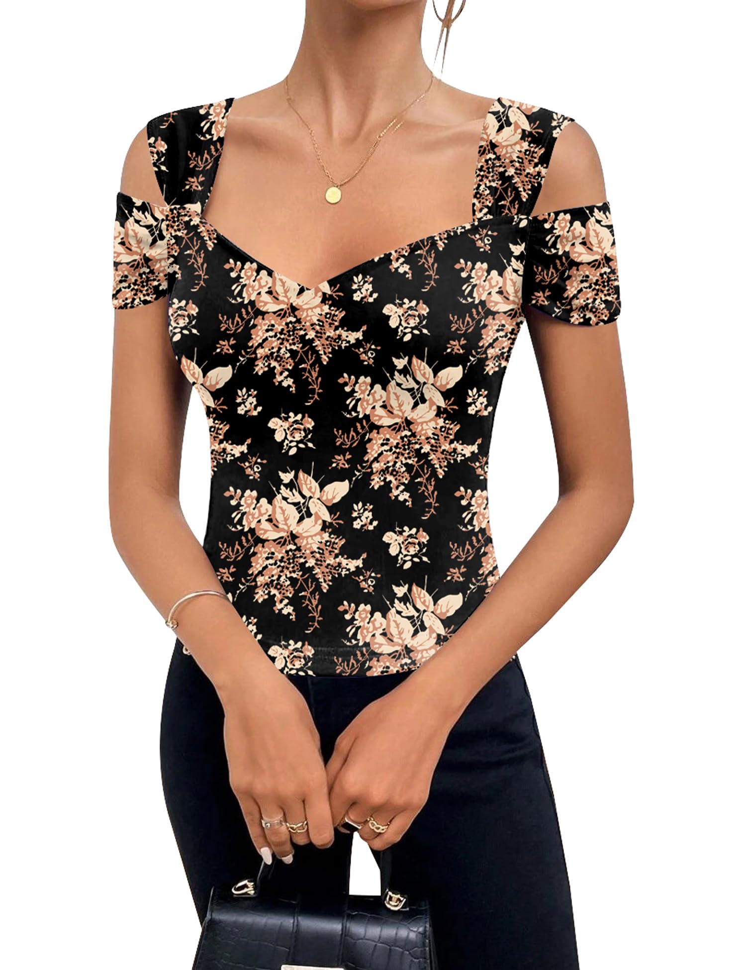 Blingfit Cold Shoulder Tops Summer Tunic Shirts for Women T Shirts V Neck Short Sleeve Casual Tees Blouses 2025