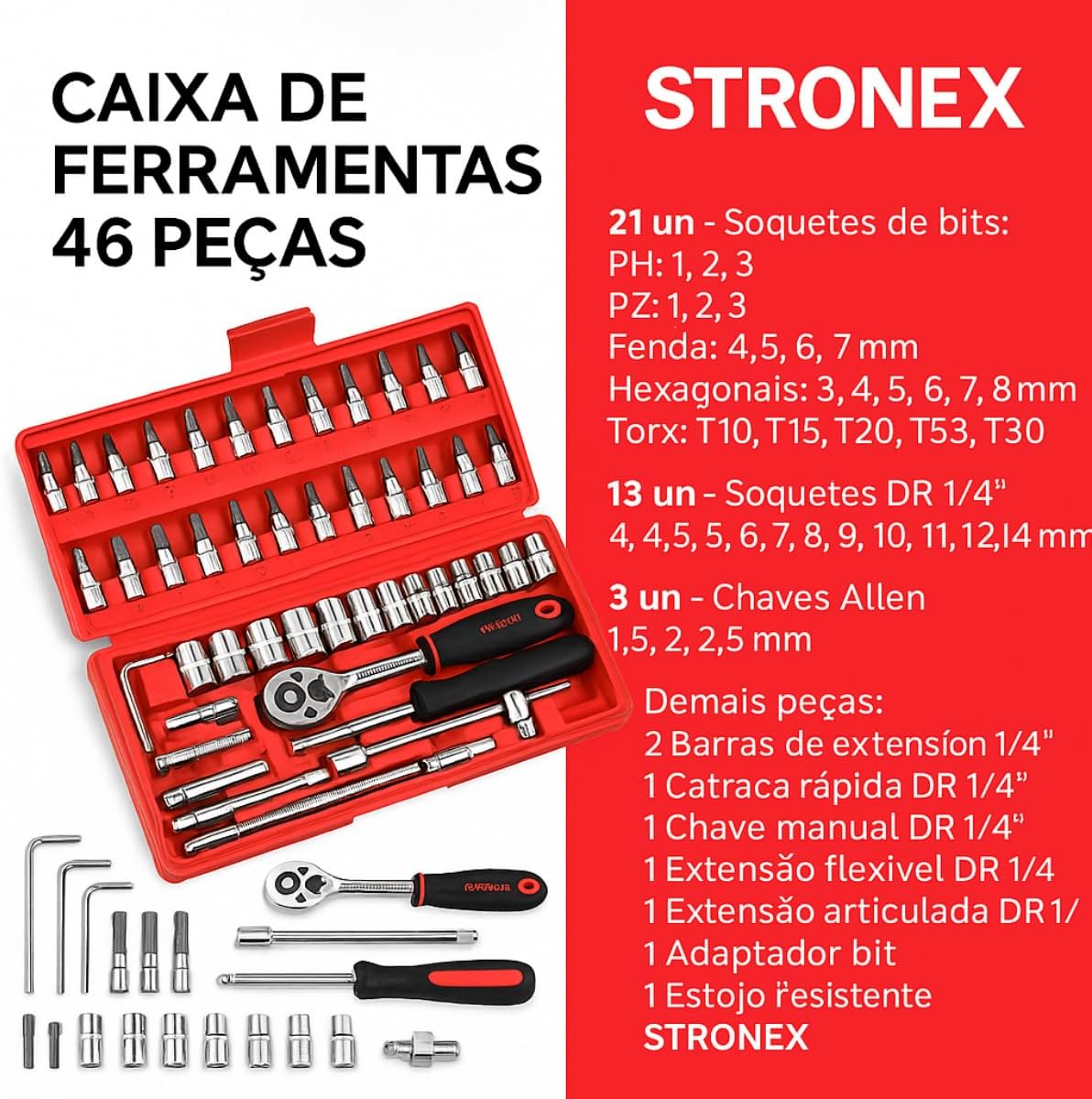 Kit de Ferramentas Profissional com 46 Peças, Maleta Vermelha Compacta, Soquetes, Bits, Chaves Allen, Catraca 1/4", 24x24x5cm Kit de Ferramentas Profissional com 46 Peças, Maleta Vermelha Compacta, Soquetes, Bits, Chaves Allen, Catraca 1/4", 24x24x5cm