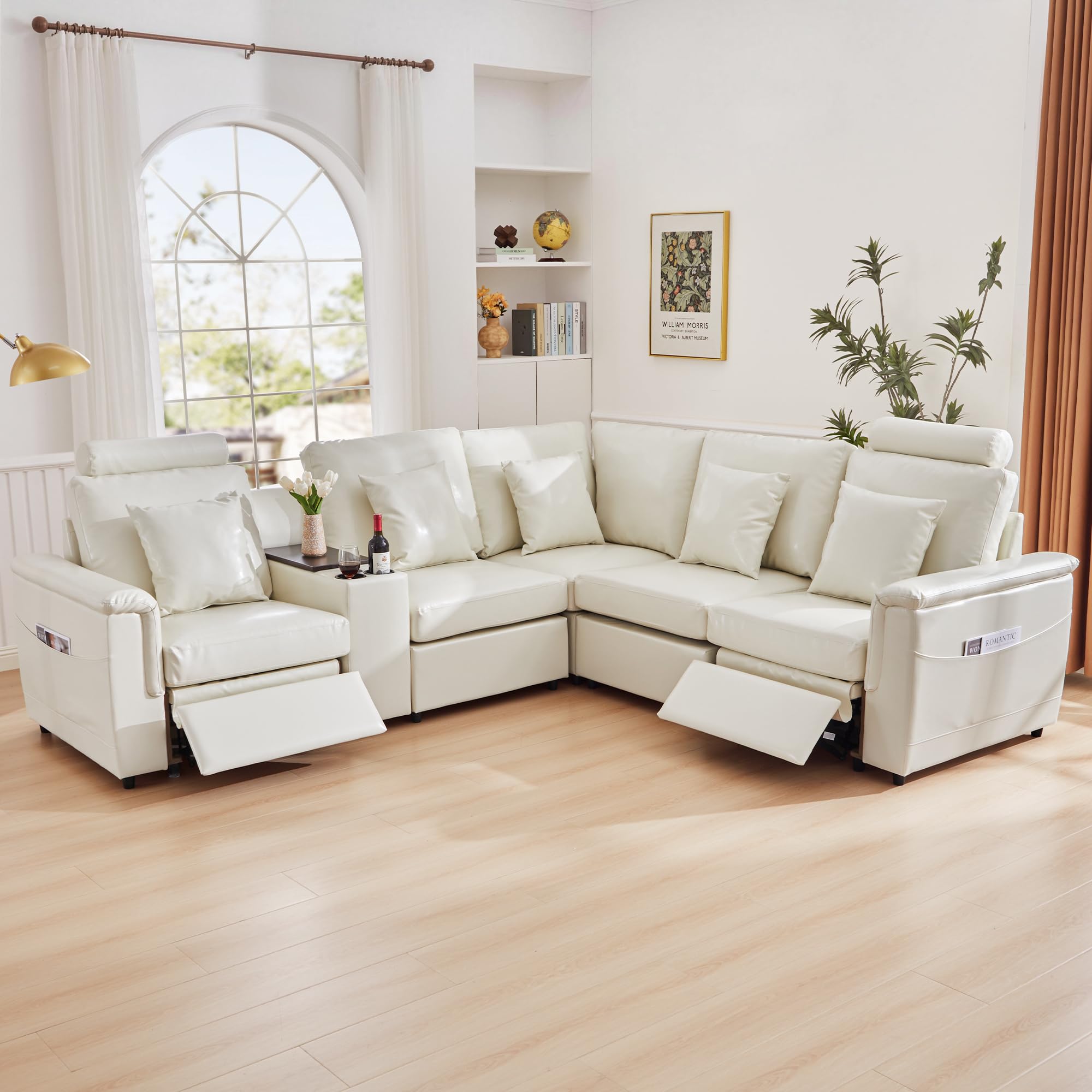 LEVNARY 5-Seat L Shaped Modular Sectional Sofa with Power Recliners, Upholstered Faux Leather Couch Storage Console with Charging Ports &amp; Cup Holders, Living Room Couch Set for Home Office (White)