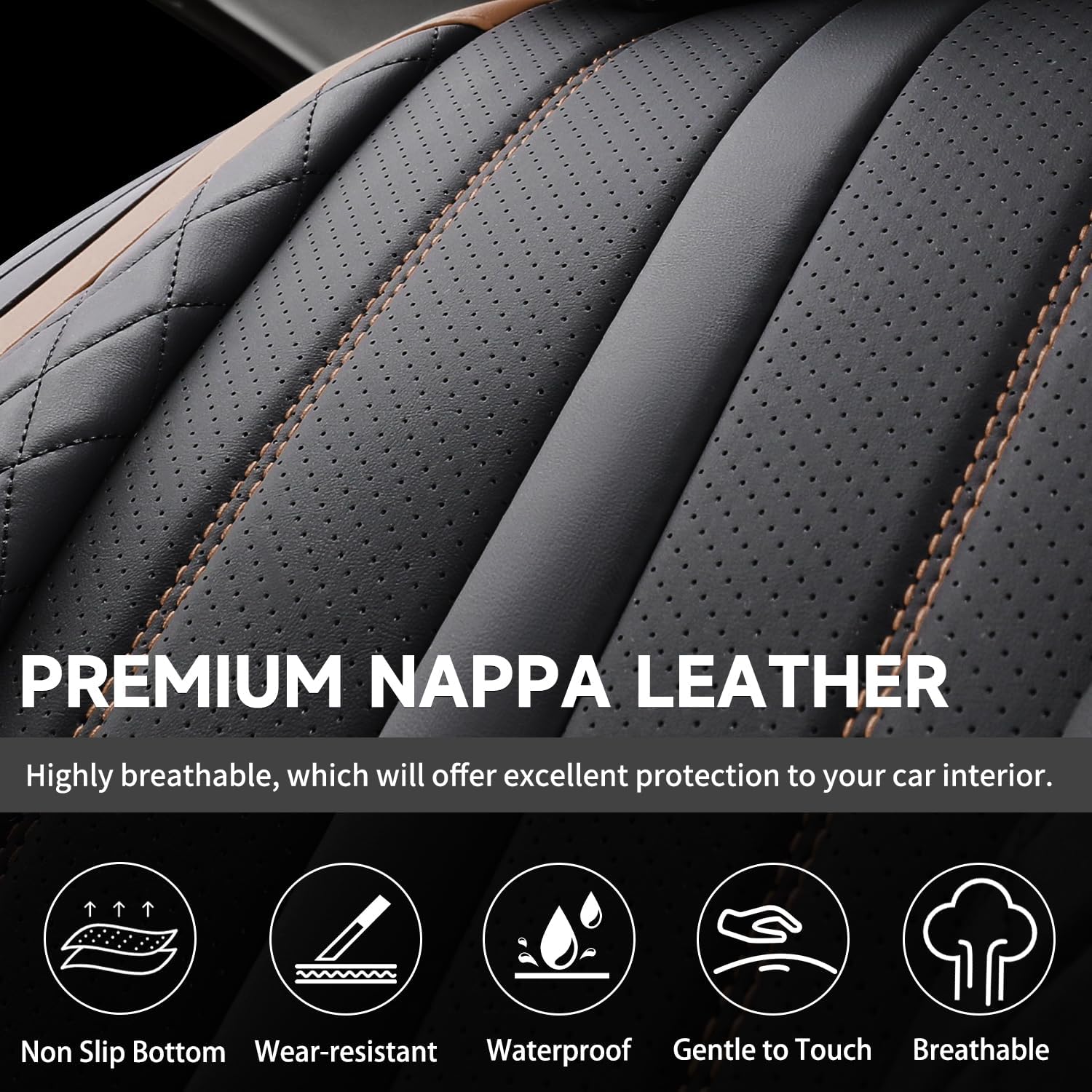 Car Seat Covers for Ford Bronco 2021-2024 2025, Breathable Comfortable Nappa Leather Seat Covers Full Set, Anti-Slip Waterproof Automotive Seat Cover Protector&Accessories(Black Brown)