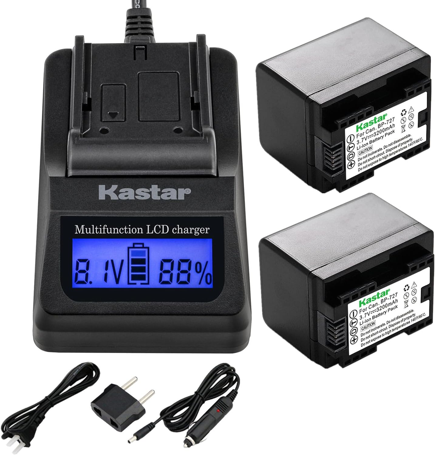 Kastar Fast Charger + Battery (2-Pack) Replacement for BP-727 and VIXIA HF M50, HF M52, HF M500, HF R30, HF R32, HF R40, HF R42, HF R50, HF R52, HF R60, HF R62, HF R300, HF R400, HF R500, HF R600