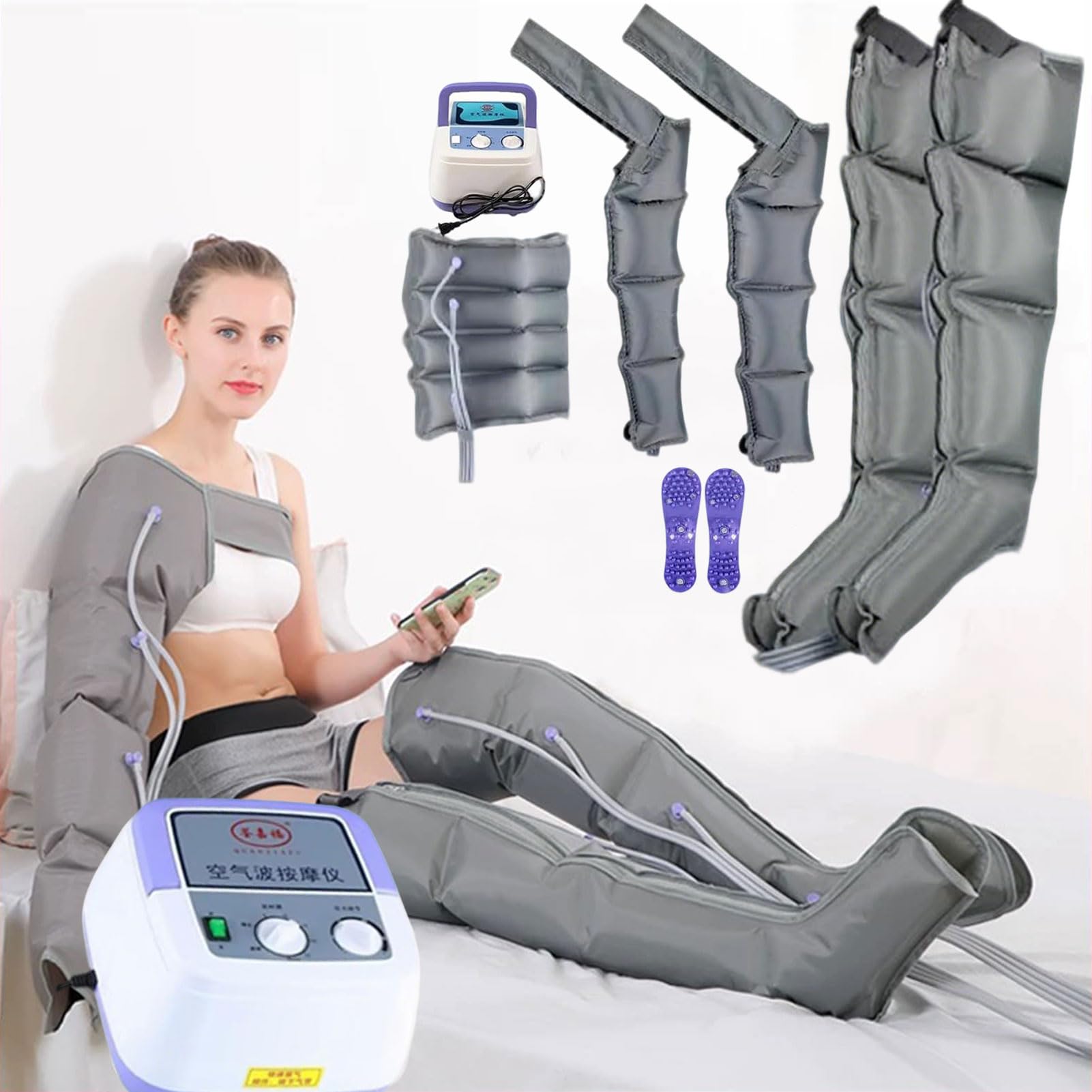 Massaggiatore Piedi e Gambe con 4/6 Airbag, Pressoterapia Gambe per Casa con Funzione di Cronometraggio, Massaggiatore Gambe Linfodrenante Pressoterapia Linfodrenaggio, Grigio
