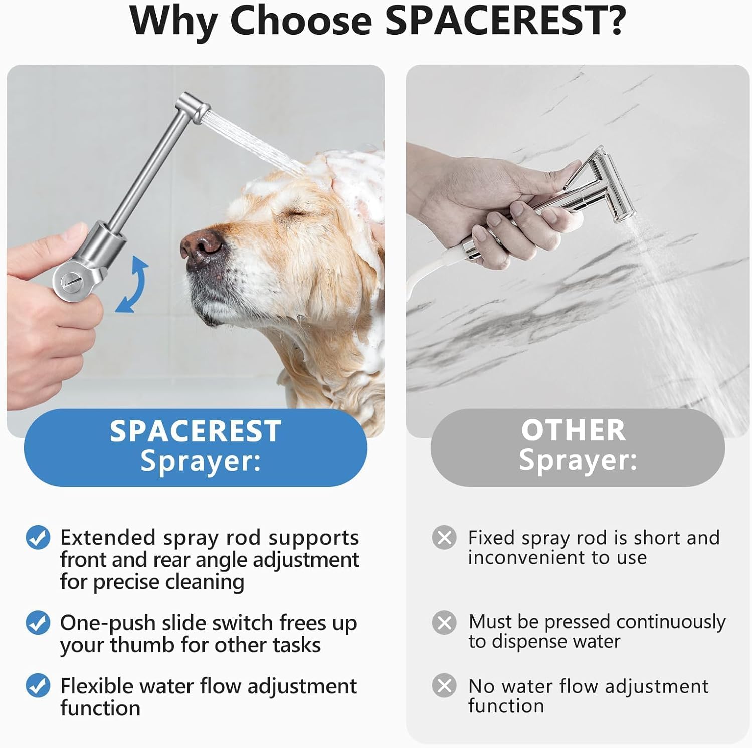 SPACEREST Handheld Bidet Sprayer for Toilet, Leak-Proof Stainless Steel Toilet Sprayer, Adjustable Spray Angle & Water Pressure, Toilet Bidet Sprayer for Personal Care, Elderly, Postpartum (Silver)