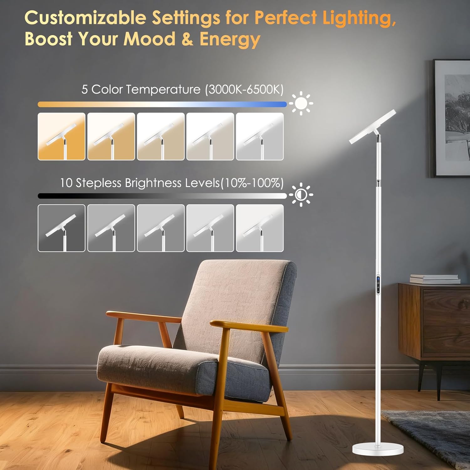 Sun Lamp for Happy 12000 Lux, Sunlight Lamp Full Spectrum, Sun Light lamp with 10 Brightness Levels 5 Color Modes, Adjustable Height, Remote & Timer for Reading, Office - Image 3